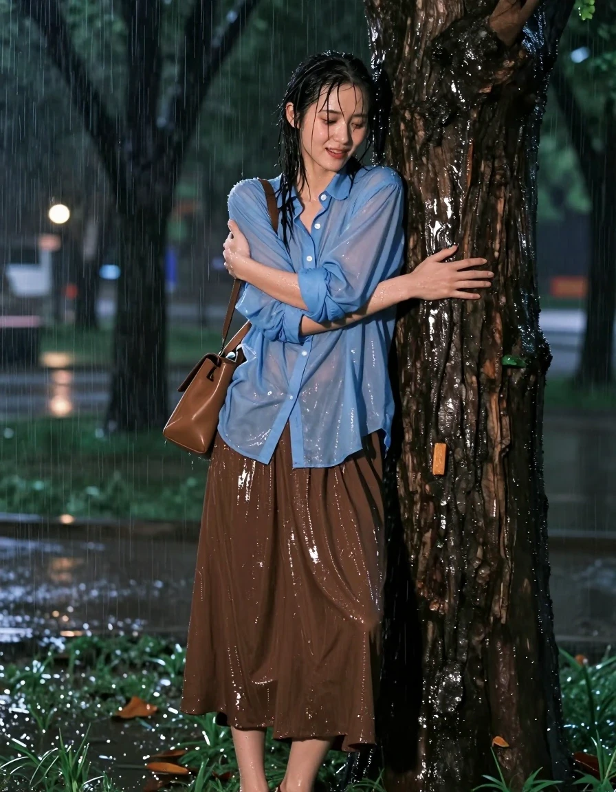 A photorealistic medium shot of a young adult European woman passionately hugging a large, rough-barked tree in a public park at night during a heavy rainstorm. She is wearing an oversized light blue buttoned-down long-sleeved shirt tucked into an oversized brown maxi skirt, with the fabric of both garments visibly soaked, clinging to her form, showing heavy wet folds, darkened tones, and a translucent sheen from the downpour. She wears simple sandals on her feet. A small handbag hangs from her shoulder, also glistening with rainwater. Her skin and hair are drenched, with water droplets streaming down her face and glistening on her arms. The environment is dark and atmospheric, illuminated by dim, distant park lights that create strong, glossy specular reflections on her wet skin and the saturated, clinging fabric of her clothes. The camera captures the raw texture of the rain-slicked tree bark and the heavy, damp weight of her clothing, with sharp focus on the intimate interaction between the subject and the tree.