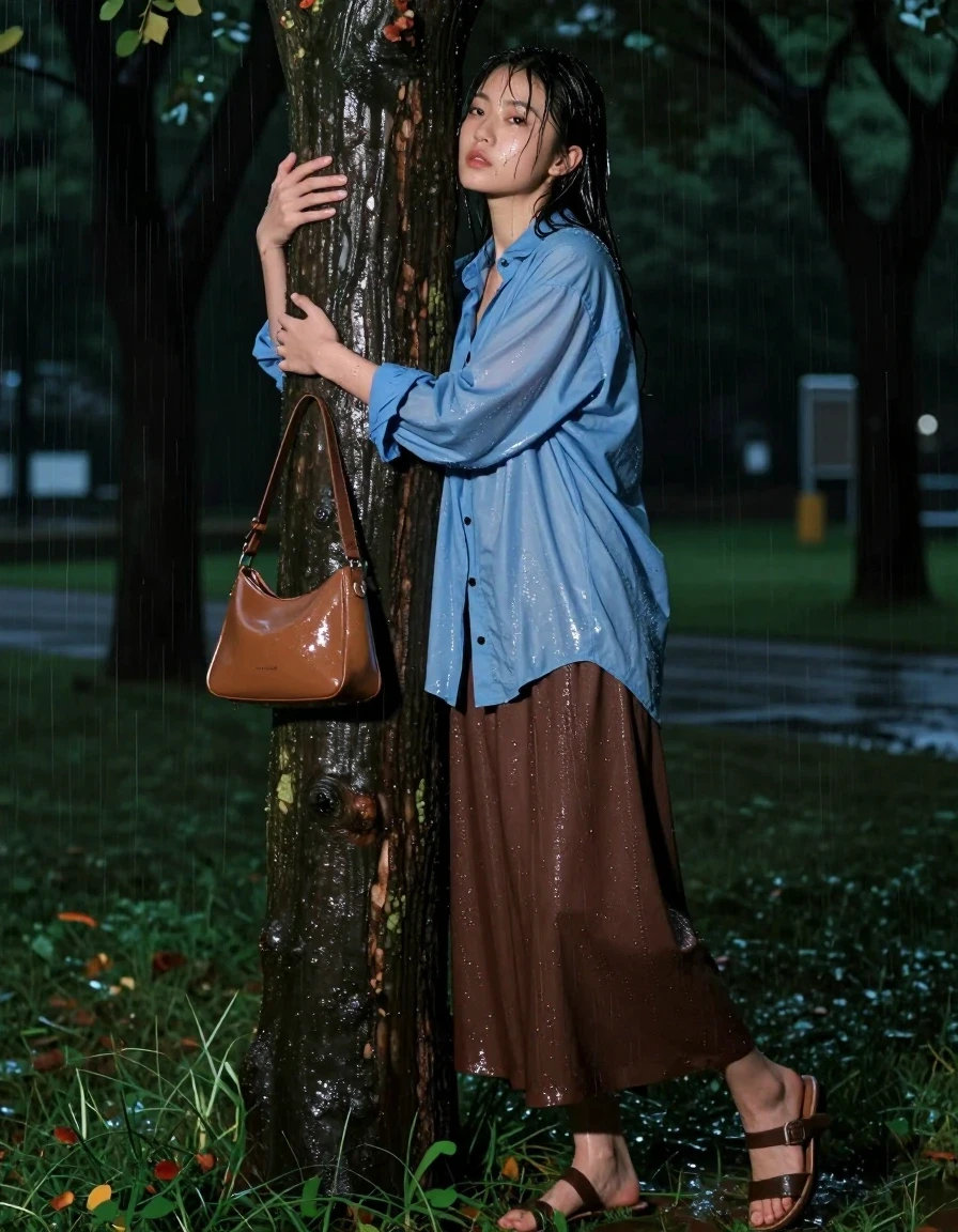 photo of young woman, in soaking wet, drenched clothes,
sandals, oversized brown maxi skirt, small handbag, oversized light blue buttoned down long sleeved shirt, park at night during rainstorm, 
enjoying, wet clothes stuck to body,
detailed textures of the wet clothes, wet face, wet plastered hair,
wet, drenched, professional, high-quality details, full body view.
sharp focus, ultra-high pixel detail, realistic, high-quality, full colors, incredibly detailed, 4k, 8k, 16k, hyper-realistic, RAW photo, masterpiece, ultra-detailed, professionally color graded, professional photograph, passionately hugging a tree, wet skin, wet clothes, damp fabric, wet skin, wet clothes, damp fabric, wet skin, wet clothes, damp fabric