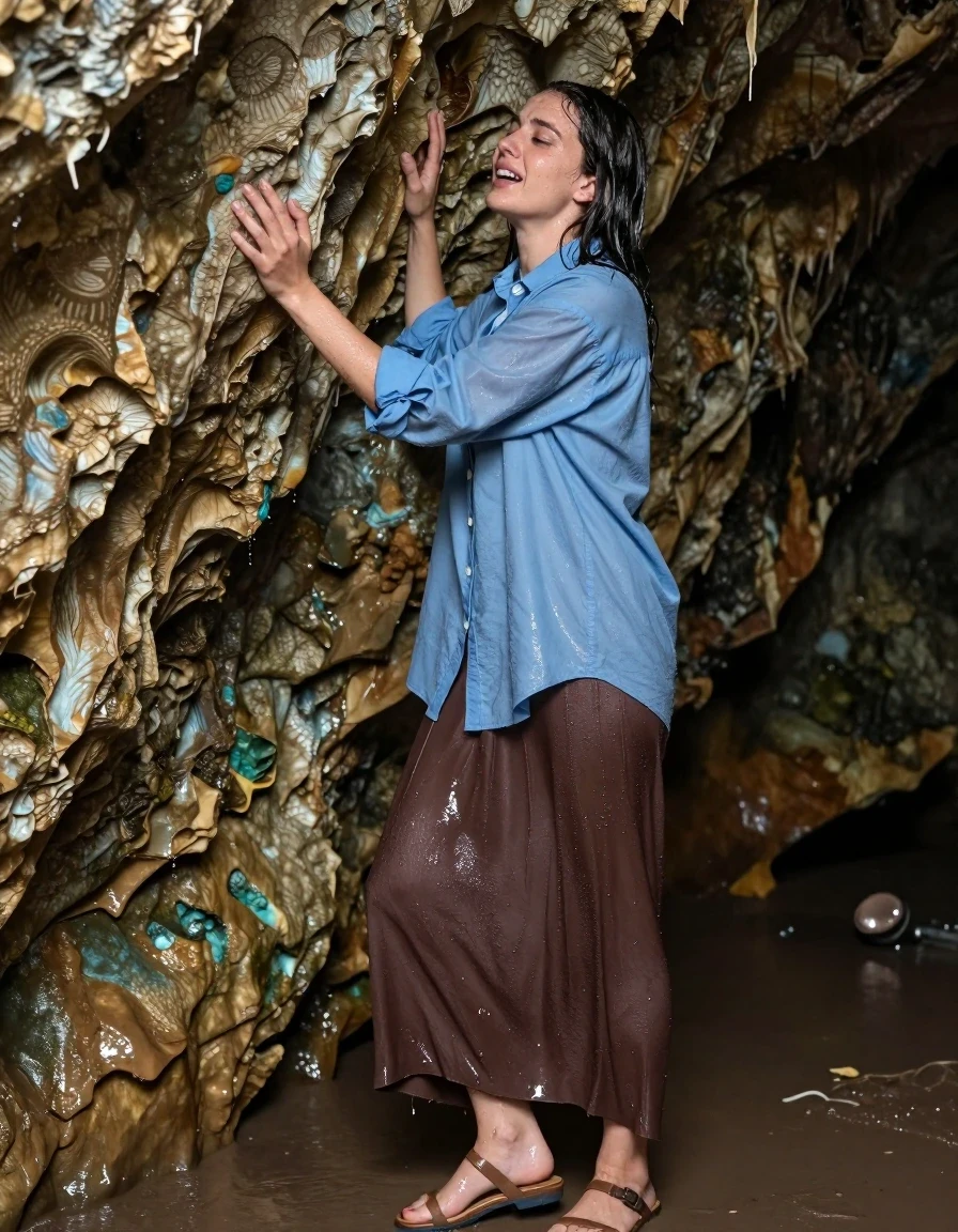photo of young woman, in soaking wet, drenched clothes,
sandals, oversized brown maxi skirt, oversized light blue buttoned down long sleeved shirt, Cave, 
enjoying, wet clothes stuck to body,
detailed textures of the wet clothes, wet face, wet plastered hair,
wet, drenched, professional, high-quality details, full body view.
sharp focus, ultra-high pixel detail, realistic, high-quality, full colors, incredibly detailed, 4k, 8k, 16k, hyper-realistic, RAW photo, masterpiece, ultra-detailed, professionally color graded, professional photograph, hugs the wall of the cave, moans, wet skin, wet clothes, damp fabric