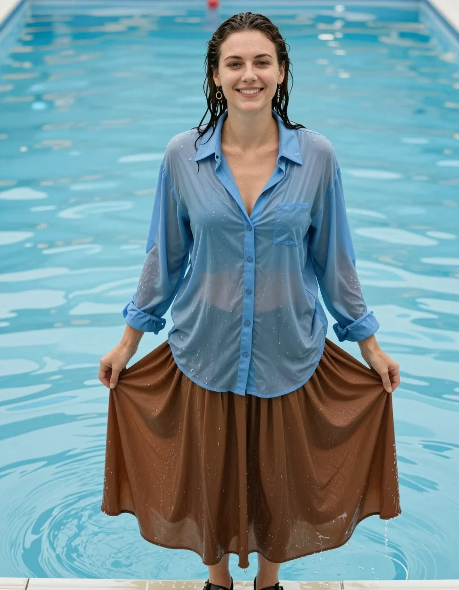 photo of young woman, in soaking wet, drenched clothes,
sandals, oversized brown maxi skirt, oversized light blue buttoned down long sleeved shirt, pool, 
enjoying, wet clothes stuck to body,
detailed textures of the wet clothes, wet face, wet plastered hair,
wet, drenched, professional, high-quality details, full body view.
sharp focus, ultra-high pixel detail, realistic, high-quality, full colors, incredibly detailed, 4k, 8k, 16k, hyper-realistic, RAW photo, masterpiece, ultra-detailed, professionally color graded, professional photograph, swimming happily, wet skin, wet clothes, damp fabric