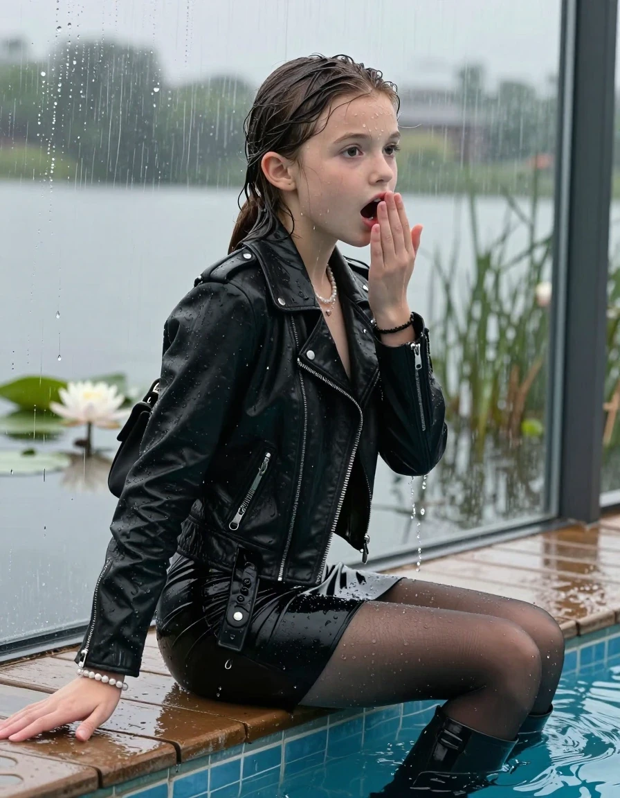 photo of young woman, in soaking wet, drenched clothes,
Black high boots, Short black mini skirt, black stockings, Black biker leatherjacket, tight v-neck sweater, shoulderbag, pearl necklace, bracelet, wristwatch, jetty by the lake with water lilies and reeds, 
enjoying, wet clothes stuck to body,
detailed textures of the wet clothes, wet face, wet plastered hair,
wet, drenched, professional, high-quality details, full body view.
sharp focus, ultra-high pixel detail, realistic, high-quality, full colors, incredibly detailed, 4k, 8k, 16k, hyper-realistic, RAW photo, masterpiece, ultra-detailed, professionally color graded, professional photograph, A realistic vertical fashion photograph taken from a backward, behind-the-back angle of a 12-year-old teengirl sitting  and slides in a glass-walled outdoor swimming pool, facing down to the camera to show her back. 

She is tilting her head at camera, letting the water drench her hair so it is glued flat against her head and body. 
She has a sleek ponytail, completely saturated and dripping wet hair, with water cascading down her neck. Shocked and astonished expression. Hold a flat hand in Front of her mouth. Open mouth, big eyes. 

The lighting is bright and cinematic, highlighting the glistening water droplets and the saturated texture of her casual clothes. Outside the large glass wall of the pool building, heavy rain is visible falling against the window. Soft, moody indoor lighting with reflections on the water. High-quality fashion photography style.
her clothing is soaking wet and clinging tightly to her skin, showing heavy wet folds, darkened fabric texture, and deep water-saturated Patches, her clothes are heavy from the water, water runs from her body and her clothes in streams. A lot of water also runs out of her clothes. Her clothes are darkened by the water. 
hyper-realistic wetness, high-contrast water sheen, sharp focus, 16k resolution, professional photography, realistic water physics., wet skin, wet clothes, damp fabric., wet skin, wet clothes, damp fabric, wet skin, wet clothes, damp fabric, wet skin, wet clothes, damp fabric, wet skin, wet clothes, damp fabric, wet skin, wet clothes, damp fabric