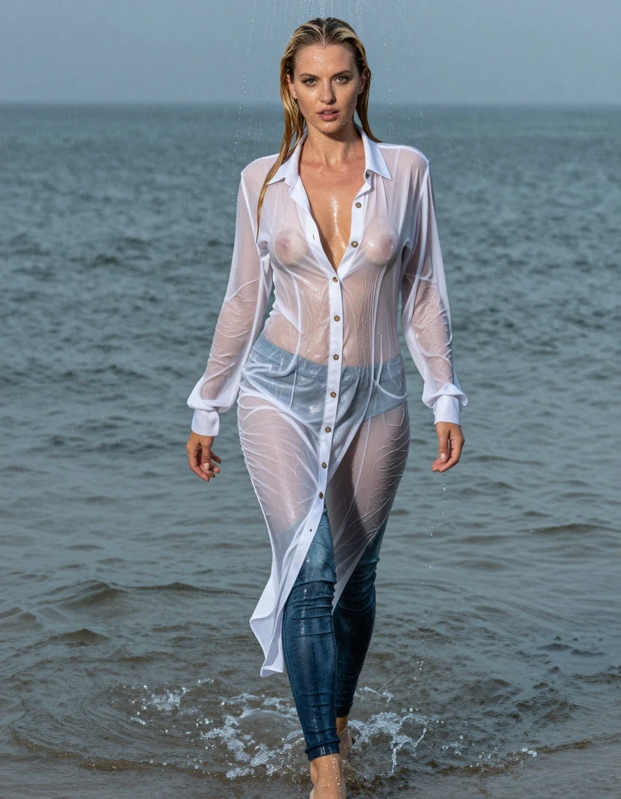 photo of young woman, in soaking wet, drenched clothes,
pumps, high-heels, transparent skinny blue jeans shiny floor-length full buttoned, no underwear, light white oversized gown, buttoned-up, transparent, see-through, kein BH, beach, deep water, 
enjoying, wet clothes stuck to body,
detailed textures of the wet clothes, wet face, wet plastered hair,
wet, drenched, professional, high-quality details, full body view.
sharp focus, ultra-high pixel detail, realistic, high-quality, full colors, incredibly detailed, 4k, 8k, 16k, hyper-realistic, RAW photo, masterpiece, ultra-detailed, professionally color graded, professional photograph, walking in heavy rain, blond hair, shower, collar, long sleeves, buttoned, wet hair, long hair, soaking wet blouse,  full body view,  view from above, drenched clothes, shower, wet skin, wet clothes, soaking wet fabric, pouring water on head,
kein BH, sichtbare Brüste, Blick zur Kamera, wet skin, wet clothes, damp fabric, wet skin, wet clothes, damp fabric