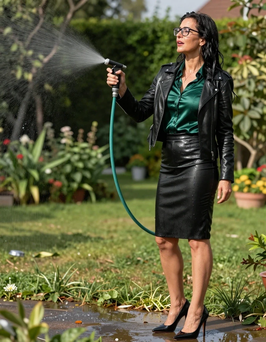 photo of young woman, in soaking wet, drenched clothes,
high-heeled shoes, pencil midi black leather office skirt, shiny dark green silk satin shirt with long sleeves, black leather byker jacket, spraying his shirt with the hose in sunny garden, 
enjoying, wet clothes stuck to body,
detailed textures of the wet clothes, wet face, wet plastered hair,
wet, drenched, professional, high-quality details, full body view.
sharp focus, ultra-high pixel detail, realistic, high-quality, full colors, incredibly detailed, 4k, 8k, 16k, hyper-realistic, RAW photo, masterpiece, ultra-detailed, professionally color graded, professional photograph, europen brunette skinny woman 50 years old, long dark black hair, office glasses, very big and thick lips, complete body, wet skin, wet clothes, damp fabric, wet skin, wet clothes, damp fabric, wet skin, wet clothes, damp fabric, wet skin, wet clothes, damp fabric, wet skin, wet clothes, damp fabric, wet skin, wet clothes, damp fabric, wet skin, wet clothes, damp fabric