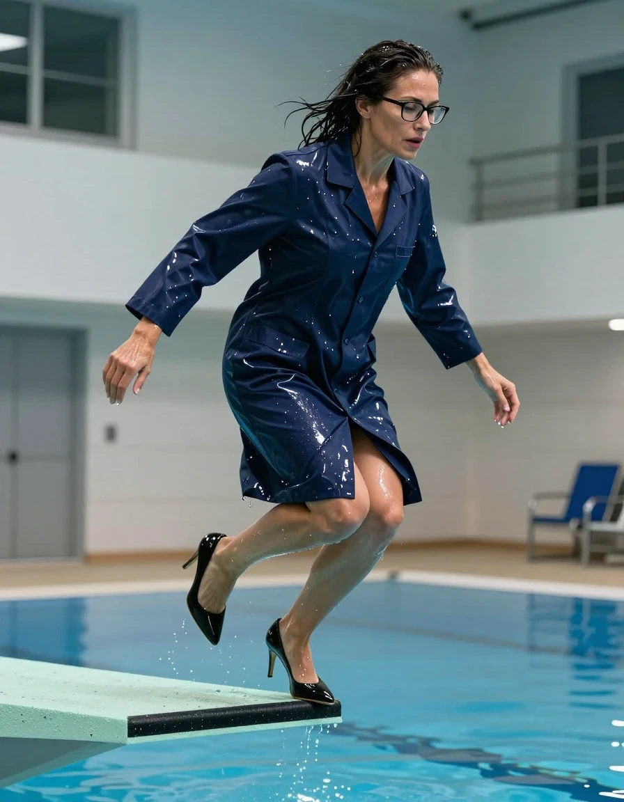 photo of young woman, in soaking wet, drenched clothes,
high-heeled shoes, maxi dark blue shiny labcoat, maxi dark blue shiny labcoat, jumping from the diving board into the water of the indoor pool, 
enjoying, wet clothes stuck to body,
detailed textures of the wet clothes, wet face, wet plastered hair,
wet, drenched, professional, high-quality details, full body view.
sharp focus, ultra-high pixel detail, realistic, high-quality, full colors, incredibly detailed, 4k, 8k, 16k, hyper-realistic, RAW photo, masterpiece, ultra-detailed, professionally color graded, professional photograph, europen brunette skinny woman 50 years old, long dark black hair, office glasses, very big and thick lips, complete body, wet skin, wet clothes, damp fabric, wet skin, wet clothes, damp fabric, wet skin, wet clothes, damp fabric, wet skin, wet clothes, damp fabric, wet skin, wet clothes, damp fabric, wet skin, wet clothes, damp fabric, wet skin, wet clothes, damp fabric