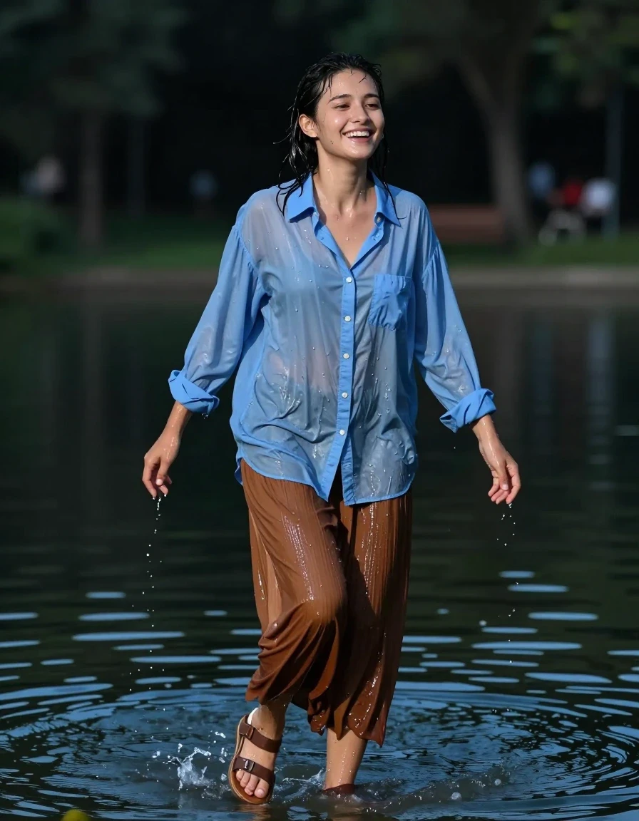 photo of young woman, in soaking wet, drenched clothes,
sandals, oversized brown maxi skirt, oversized light blue buttoned down long sleeved shirt, empty park at night, 
enjoying, wet clothes stuck to body,
detailed textures of the wet clothes, wet face, wet plastered hair,
wet, drenched, professional, high-quality details, full body view.
sharp focus, ultra-high pixel detail, realistic, high-quality, full colors, incredibly detailed, 4k, 8k, 16k, hyper-realistic, RAW photo, masterpiece, ultra-detailed, professionally color graded, professional photograph, crawling out of the park lake, happy, wet skin, wet clothes, damp fabric