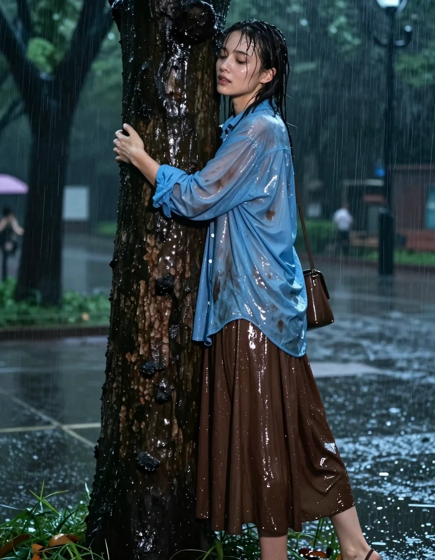 A photorealistic medium shot of a young adult European woman with glistening wet skin and damp, rain-slicked hair, passionately hugging a large, textured tree trunk in a park at night during a heavy rainstorm. She is wearing an oversized, light blue buttoned-down long-sleeved shirt that is thoroughly soaked and clinging to her body, with darker patches of heavy saturation, visible fabric weight, and water-darkened folds. Below this, she wears an oversized brown maxi skirt that is heavy with rainwater, its fabric clinging and drooping with damp, deep tones. She wears simple sandals on her feet and carries a small handbag slung over her shoulder. The scene is illuminated by dim, moody park lighting reflecting off the wet surfaces, creating strong glossy specular highlights on her skin and the saturated fabric of her clothing. The atmosphere is intense, with visible rain streaks, dark, moody shadows, and a wet, glistening environment. High-detail, cinematic lighting, 8k, sharp focus on textures, hyper-realistic wetness.
