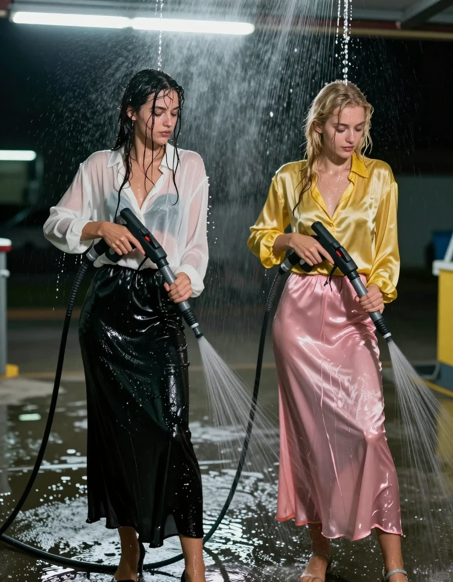 A photorealistic night scene at a car wash featuring two young adult European women washing each other with high-pressure powerwash wands. The first woman, a brunette, wears an oversized long-sleeved white blouse and a floor-length black silk skirt, paired with high heels. The second woman, a blonde, wears an oversized yellow satin blouse and a floor-length pink silk skirt, paired with sandals. Both women are thoroughly drenched, their hair plastered to their heads and faces, skin glistening with water sheen. The silk skirts are heavily soaked, clinging to their bodies, showing deep translucent folds, darkened fabric tones, and heavy wet texture. The white blouse is semi-transparent and saturated, revealing skin texture underneath. Water cascades over them in streams and mist, creating intense specular reflections under the harsh, flickering fluorescent car wash lights. The environment is dark and moody, with reflections of neon lights on the wet concrete floor. 8k resolution, cinematic lighting, high-contrast wet-look photography, extremely detailed water droplets and fabric saturation.