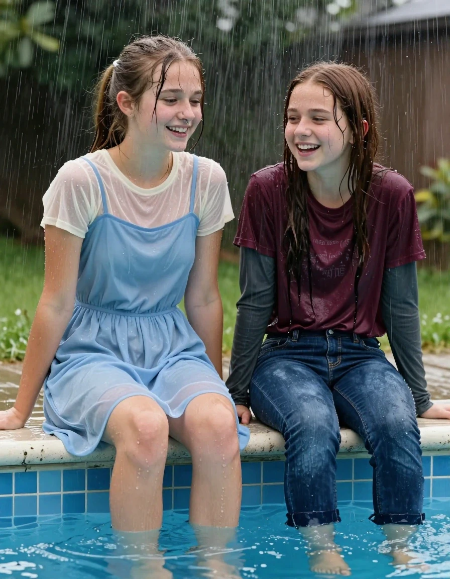 photo of young woman, in soaking wet, drenched clothes,
, , casual wear, 2 girls sitting on the edge of the pool while it pours water on them during a heavy storm, 
enjoying, wet clothes stuck to body,
detailed textures of the wet clothes, wet face, wet plastered hair,
wet, drenched, professional, high-quality details, full body view.
sharp focus, ultra-high pixel detail, realistic, high-quality, full colors, incredibly detailed, 4k, 8k, 16k, hyper-realistic, RAW photo, masterpiece, ultra-detailed, professionally color graded, professional photograph, 2 small college girls both having fun together. both similar age, a nineteen year old girl, with a flat and slim body, a She has a wide square young face a very small chest, she is a pale brunette with a ponytail and bangs and a septum piercing, She is full of youthful energy, she is wearing a cream short sleeve see through sparkly undershirt underneath her formal thick pale blue dress with a highish neckline, her dress has a flat front with a wider base. her friend is slightly shorter, she has dark auburn hair, she is wearing dark blue colored soaked loose jeans and a small maroon short sleeve graphic fiited t-shirt over a long sleeve dark grey undershirt. her clothes darken from the water. She has a wide square face,, wet skin, wet clothes, damp fabric, wet skin, wet clothes, damp fabric, wet skin, wet clothes, damp fabric, wet skin, wet clothes, damp fabric, wet skin, wet clothes, damp fabric, wet skin, wet clothes, damp fabric