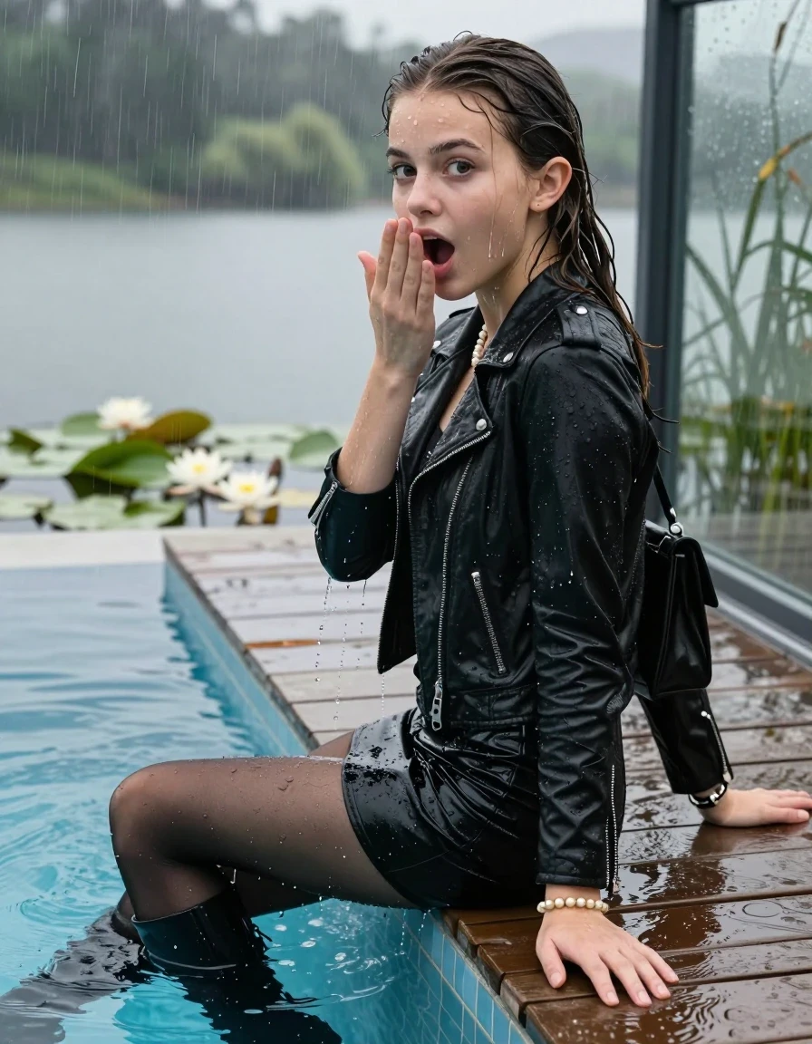 photo of young woman, in soaking wet, drenched clothes,
Black high boots, Short black mini skirt, black stockings, Black biker leatherjacket, tight v-neck sweater, shoulderbag, pearl necklace, bracelet, wristwatch, jetty by the lake with water lilies and reeds, 
enjoying, wet clothes stuck to body,
detailed textures of the wet clothes, wet face, wet plastered hair,
wet, drenched, professional, high-quality details, full body view.
sharp focus, ultra-high pixel detail, realistic, high-quality, full colors, incredibly detailed, 4k, 8k, 16k, hyper-realistic, RAW photo, masterpiece, ultra-detailed, professionally color graded, professional photograph, A realistic vertical fashion photograph taken from a backward, behind-the-back angle of a 12-year-old teengirl sitting  and slides in a glass-walled outdoor swimming pool, facing down to the camera to show her back. 

She is tilting her head at camera, letting the water drench her hair so it is glued flat against her head and body. 
She has a sleek ponytail, completely saturated and dripping wet hair, with water cascading down her neck. Shocked and astonished expression. Hold a flat hand in Front of her mouth. Open mouth, big eyes. 

The lighting is bright and cinematic, highlighting the glistening water droplets and the saturated texture of her casual clothes. Outside the large glass wall of the pool building, heavy rain is visible falling against the window. Soft, moody indoor lighting with reflections on the water. High-quality fashion photography style.
her clothing is soaking wet and clinging tightly to her skin, showing heavy wet folds, darkened fabric texture, and deep water-saturated Patches, her clothes are heavy from the water, water runs from her body and her clothes in streams. A lot of water also runs out of her clothes. Her clothes are darkened by the water. 
hyper-realistic wetness, high-contrast water sheen, sharp focus, 16k resolution, professional photography, realistic water physics., wet skin, wet clothes, damp fabric., wet skin, wet clothes, damp fabric, wet skin, wet clothes, damp fabric, wet skin, wet clothes, damp fabric, wet skin, wet clothes, damp fabric, wet skin, wet clothes, damp fabric