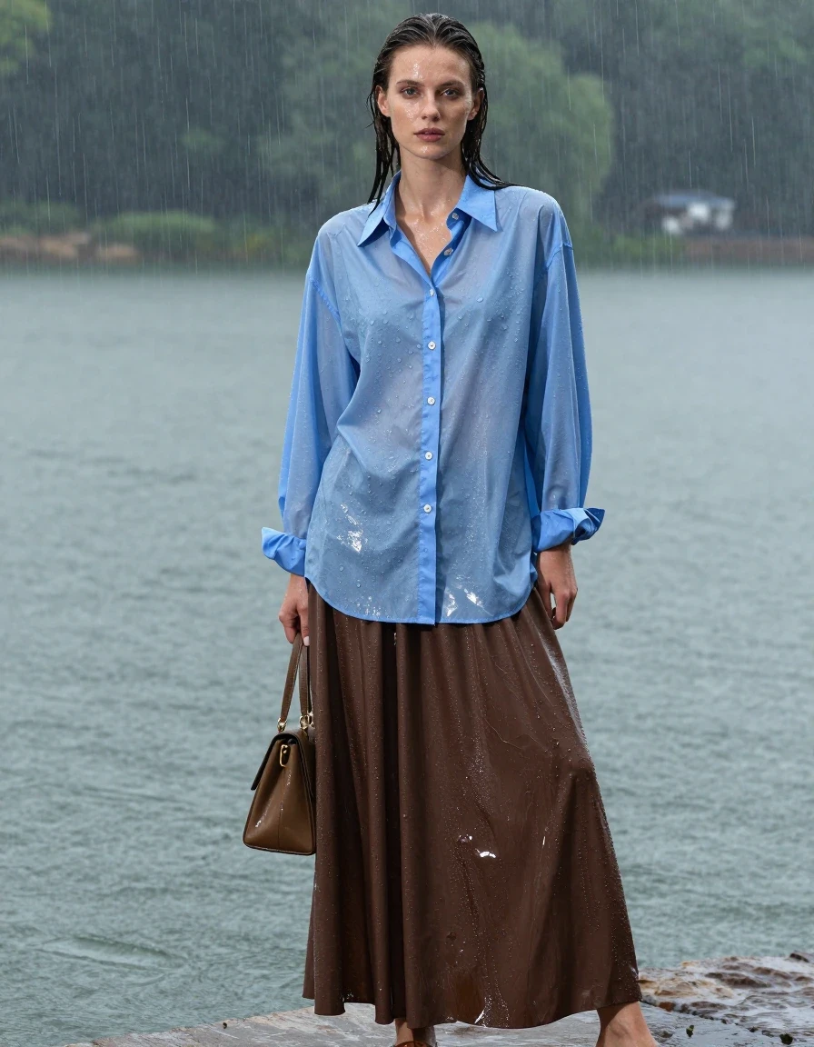 A photorealistic medium shot of a young adult European woman posing for a professional photoshoot at a serene lake during a heavy rainstorm. She is wearing an oversized light blue button-down long-sleeved shirt and an oversized brown maxi skirt, both heavily soaked, with the fabric clinging to her frame, showing deep color saturation, heavy wet folds, and dark, water-saturated patches. She wears simple sandals on her feet and carries a small handbag. Her skin is glistening with rain, her hair is wet and slicked, and the clothes exhibit realistic damp fabric textures and water sheen. The background shows the moody, rain-swept lake with soft, diffused overcast lighting reflecting off the wet surfaces. High-detail photography, 8k resolution, realistic skin texture, water droplets, atmospheric depth, sharp focus on the subject.