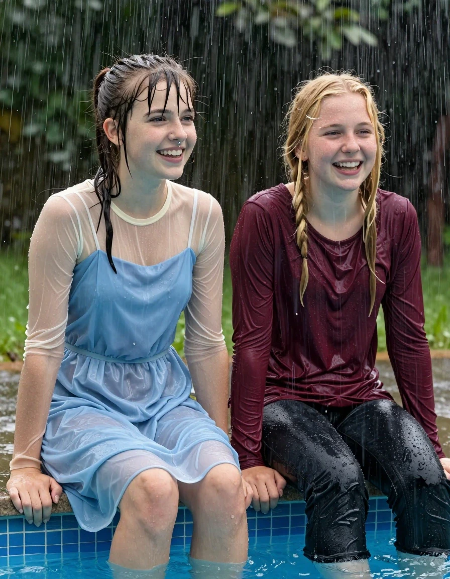 photo of young woman, in soaking wet, drenched clothes,
, , casual wear, 2 girls sitting on the edge of the pool while it pours water on them during a heavy storm, 
enjoying, wet clothes stuck to body,
detailed textures of the wet clothes, wet face, wet plastered hair,
wet, drenched, professional, high-quality details, full body view.
sharp focus, ultra-high pixel detail, realistic, high-quality, full colors, incredibly detailed, 4k, 8k, 16k, hyper-realistic, RAW photo, masterpiece, ultra-detailed, professionally color graded, professional photograph, 2 small college girls both having fun together. both similar age, a nineteen year old girl, she is small, young, petite, with a flat and slim body, a She has a wide square young face a very small chest, she is a pale brunette with a ponytail and bangs and a septum piercing, She is full of youthful energy, she is wearing a cream long sleeve see through sparkly undershirt underneath her formal thick pale blue dress with a highish neckline, her dress has a flat front with a wider base. her friend is slightly shorter, she has blonde hair, she is wearing dark colored soaked loose jeans and a long sleeve maroon top. her clothes darken from the water. She has a wide square face,, wet skin, wet clothes, damp fabric, wet skin, wet clothes, damp fabric, wet skin, wet clothes, damp fabric, wet skin, wet clothes, damp fabric, wet skin, wet clothes, damp fabric