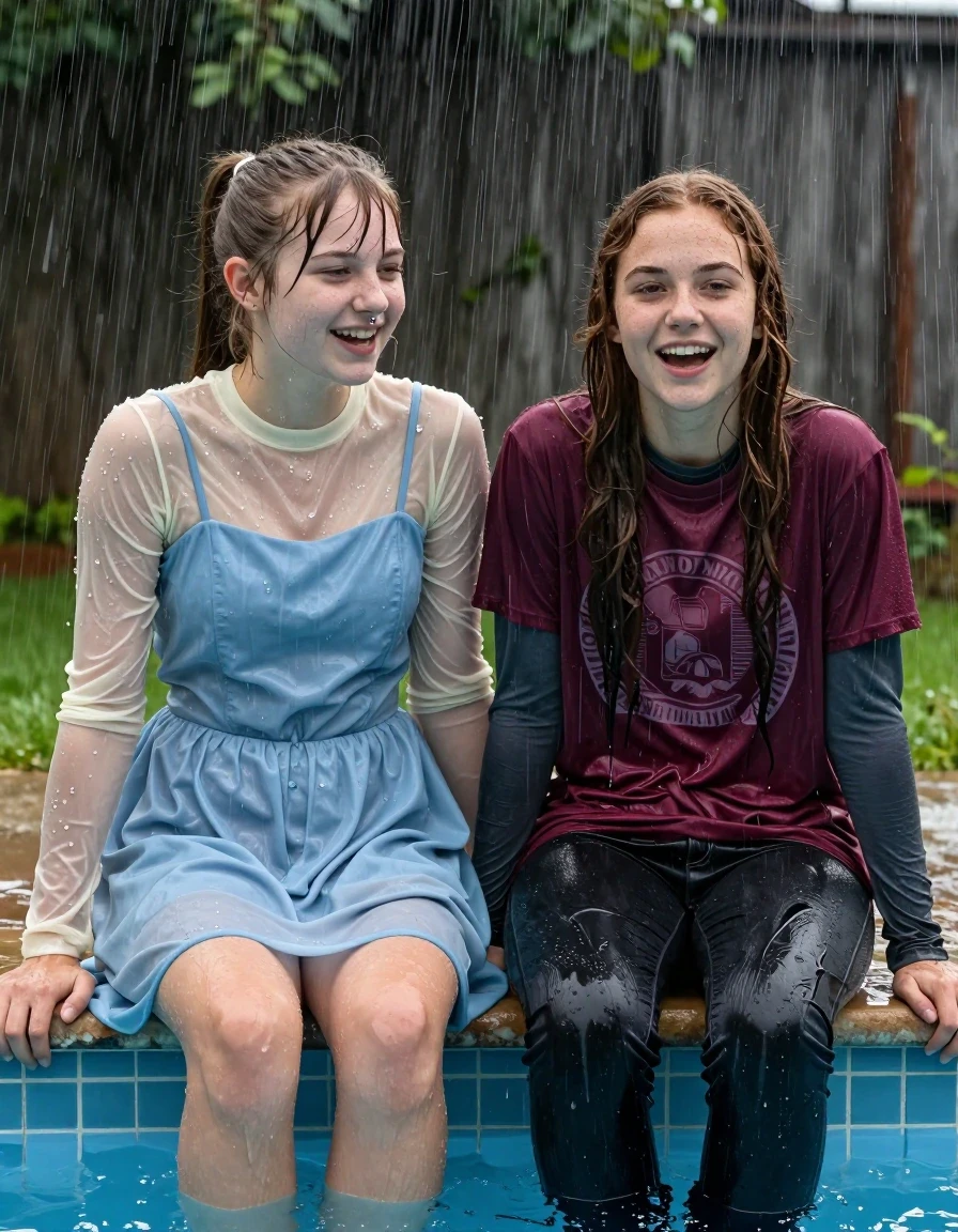 photo of young woman, in soaking wet, drenched clothes,
, , casual wear, 2 girls sitting on the edge of the pool while it pours water on them during a heavy storm, 
enjoying, wet clothes stuck to body,
detailed textures of the wet clothes, wet face, wet plastered hair,
wet, drenched, professional, high-quality details, full body view.
sharp focus, ultra-high pixel detail, realistic, high-quality, full colors, incredibly detailed, 4k, 8k, 16k, hyper-realistic, RAW photo, masterpiece, ultra-detailed, professionally color graded, professional photograph, 2 small college girls both having fun together. both similar age, a nineteen year old girl, with a flat and slim body, a She has a wide square young face a very small chest, she is a pale brunette with a ponytail and bangs and a septum piercing, She is full of youthful energy, she is wearing a cream long sleeve see through sparkly undershirt underneath her formal thick pale blue dress with a highish neckline, her dress has a flat front with a wider base. her friend is slightly shorter, she has dark auburn hair, she is wearing dark colored soaked loose jeans and a fitted maroon short sleeve graphic t-shirt over a long sleeve dark grey undershirt. her clothes darken from the water. She has a wide square face,, wet skin, wet clothes, damp fabric, wet skin, wet clothes, damp fabric, wet skin, wet clothes, damp fabric, wet skin, wet clothes, damp fabric, wet skin, wet clothes, damp fabric, wet skin, wet clothes, damp fabric