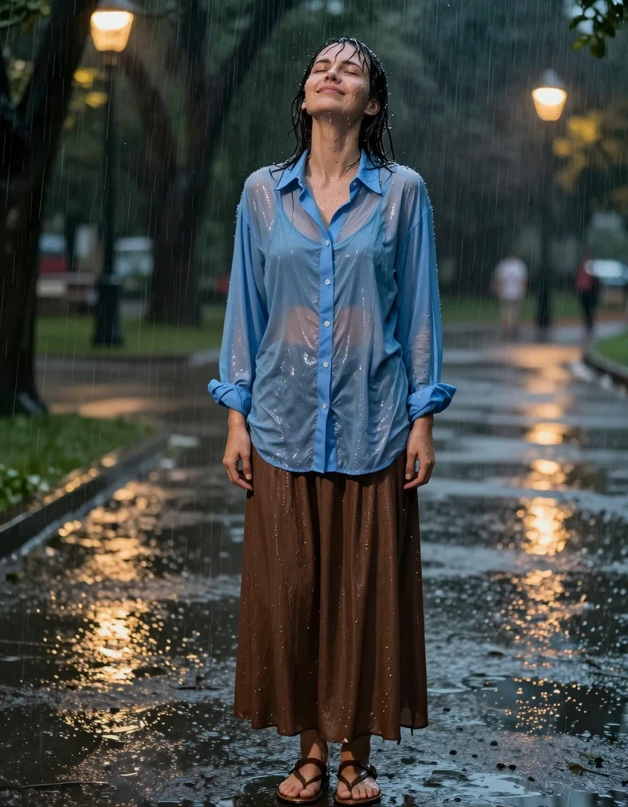 A photorealistic full-body shot of a young adult European woman in a park at night during a heavy rainstorm. She is wearing an oversized light blue buttoned-down long-sleeved shirt and an oversized brown maxi skirt, paired with simple sandals. The fabric of the shirt and skirt is visibly soaked, clinging to her body with heavy folds, darker tones, and a distinct water-saturated sheen. Her skin and hair are drenched, glistening with rain. She stands in the downpour, head tilted back with her eyes closed, a look of happy abandonment on her face as she lets herself get soaked, her expression caught in a soft, audible moan of pleasure. The park environment is dark and atmospheric, with rain streaking through the dim yellow glow of distant streetlights, puddles reflecting the scene on the ground. High-detail photography, sharp focus on the wet textures, cinematic lighting, realistic skin pores and water runoff, 8k resolution, highly detailed fabric physics.