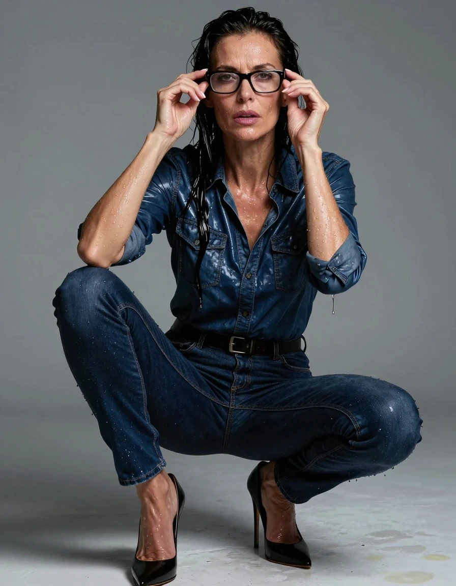 photo of young woman, in soaking wet, drenched clothes,
high-heeled shoes, long dark blue shiny jeans, shiny dark blue denim shirt, after bath, 
enjoying, wet clothes stuck to body,
detailed textures of the wet clothes, wet face, wet plastered hair,
wet, drenched, professional, high-quality details, full body view.
sharp focus, ultra-high pixel detail, realistic, high-quality, full colors, incredibly detailed, 4k, 8k, 16k, hyper-realistic, RAW photo, masterpiece, ultra-detailed, professionally color graded, professional photograph, europen brunette skinny woman 50 years old, long dark black hair, office glasses, very big and thick lips, complete body, wet skin, wet clothes, damp fabric, wet skin, wet clothes, damp fabric, wet skin, wet clothes, damp fabric, wet skin, wet clothes, damp fabric, wet skin, wet clothes, damp fabric, wet skin, wet clothes, damp fabric, wet skin, wet clothes, damp fabric