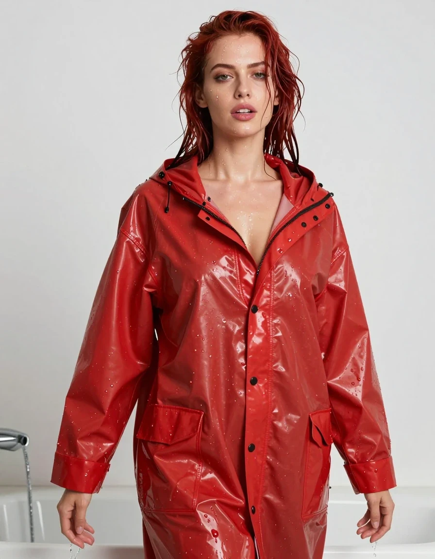 photo of young woman, in soaking wet, drenched clothes,
No socks , No underwear , Red long completely see  through oversized latex  rainjacket , In the bath soaking wet, 
enjoying, wet clothes stuck to body,
detailed textures of the wet clothes, wet face, wet plastered hair,
wet, drenched, professional, high-quality details, full body view.
sharp focus, ultra-high pixel detail, realistic, high-quality, full colors, incredibly detailed, 4k, 8k, 16k, hyper-realistic, RAW photo, masterpiece, ultra-detailed, professionally color graded, professional photograph, Her long red hair is soaking wet and slicked back.  Her clothes are soaking wet and cling to wet form. She's very aroused, wet skin, wet clothes, damp fabric