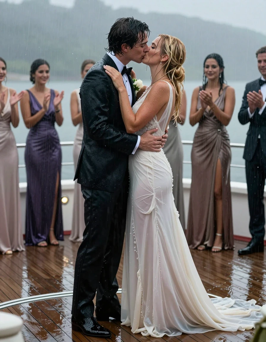 A photorealistic cinematic shot of a lesbian wedding taking place on the deck of a luxury yacht during a torrential rainstorm. In the foreground, a brunette woman wearing a sharp tuxedo with a white shirt and black bowtie, and a blonde woman in a conservative, elegant wedding dress are sharing a passionate, romantic kiss. Both women are visibly soaked; their hair is plastered to their faces and necks, and their skin has a realistic, glistening water sheen. The brunette's tuxedo fabric is darkened and clinging to her frame, while the blonde's wedding dress is water-saturated, heavy, and translucent in areas where it clings to her skin, showing deep folds and wet texture. In the background, a crowd of women in soaked, clinging ballgowns are applauding the couple. The yacht deck is slick and reflective from the heavy rain, with water pooling around their high-heeled shoes. The lighting is moody and atmospheric, with soft ambient light reflecting off the wet surfaces and the falling raindrops, captured with a shallow depth of field, 8k resolution, highly detailed skin textures, and realistic water physics.