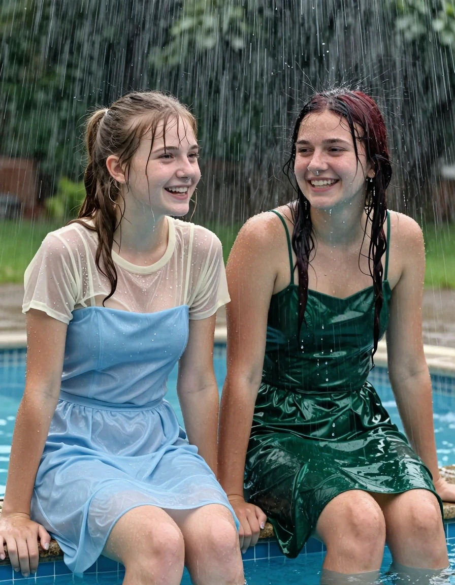 photo of young woman, in soaking wet, drenched clothes,
, , casual wear, 2 girls sitting on the edge of the pool while it pours water on them during a heavy storm, 
enjoying, wet clothes stuck to body,
detailed textures of the wet clothes, wet face, wet plastered hair,
wet, drenched, professional, high-quality details, full body view.
sharp focus, ultra-high pixel detail, realistic, high-quality, full colors, incredibly detailed, 4k, 8k, 16k, hyper-realistic, RAW photo, masterpiece, ultra-detailed, professionally color graded, professional photograph, 2 small college girls both having fun together. both similar age, a nineteen year old girl, a She has a wide square young face a very small chest, she is a pale brunette with a ponytail and bangs and a septum piercing, She is full of youthful energy, she is wearing a cream short sleeve see through sparkly undershirt underneath her formal thick pale blue strapless dress
 her dress has a flat front with a wider base.  Her friend has dark auburn hair, she is long dark green satin prom dress. her clothes darken from the water. She has a wide square face,, wet skin, wet clothes, damp fabric, wet skin, wet clothes, damp fabric, wet skin, wet clothes, damp fabric, wet skin, wet clothes, damp fabric, wet skin, wet clothes, damp fabric, wet skin, wet clothes, damp fabric
