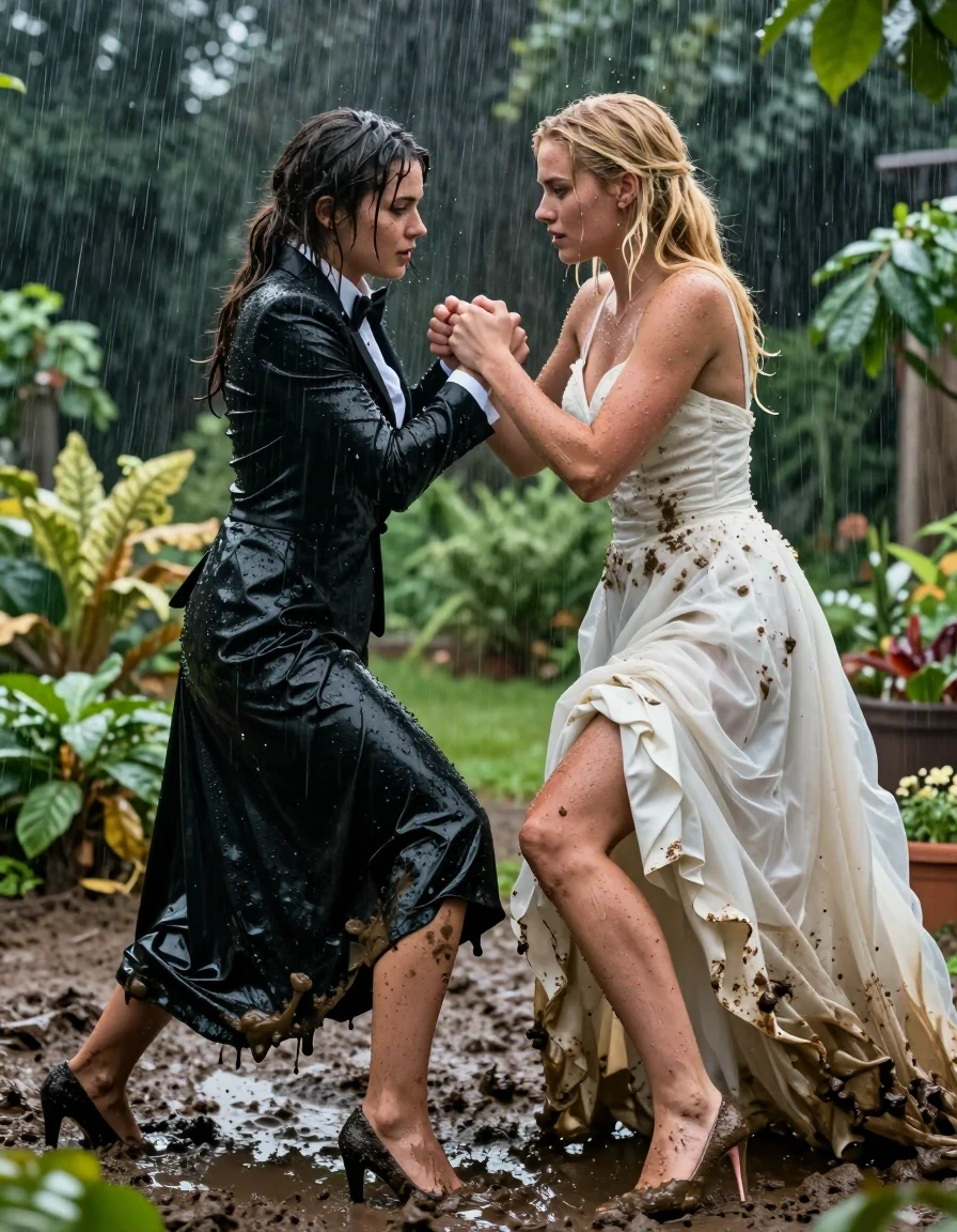 A photorealistic action shot of two young adult European women engaged in intense mud wrestling in a lush garden during a heavy rainstorm. First woman is a brunette wearing a tuxedo jacket, white dress shirt, black bowtie, and a floor-length black silk skirt, all completely drenched, clinging to her frame, with dark soaked fabric textures and water sheen. Second woman is a blonde wearing a conservative white wedding dress, now heavy, mud-stained, and soaking wet, with the fabric clinging to her skin and displaying realistic water weight and translucent folds. Both women are wearing high heels, partially buried in the deep, wet garden mud. Their skin is glistening with rain and mud splatter, hair matted and wet, expressions focused and competitive. The environment features rain-slicked foliage, dark wet earth, and dramatic storm lighting, with water droplets visible in the air. High-resolution photography, cinematic composition, hyper-realistic textures of wet silk, mud, and fabric, intense atmosphere.