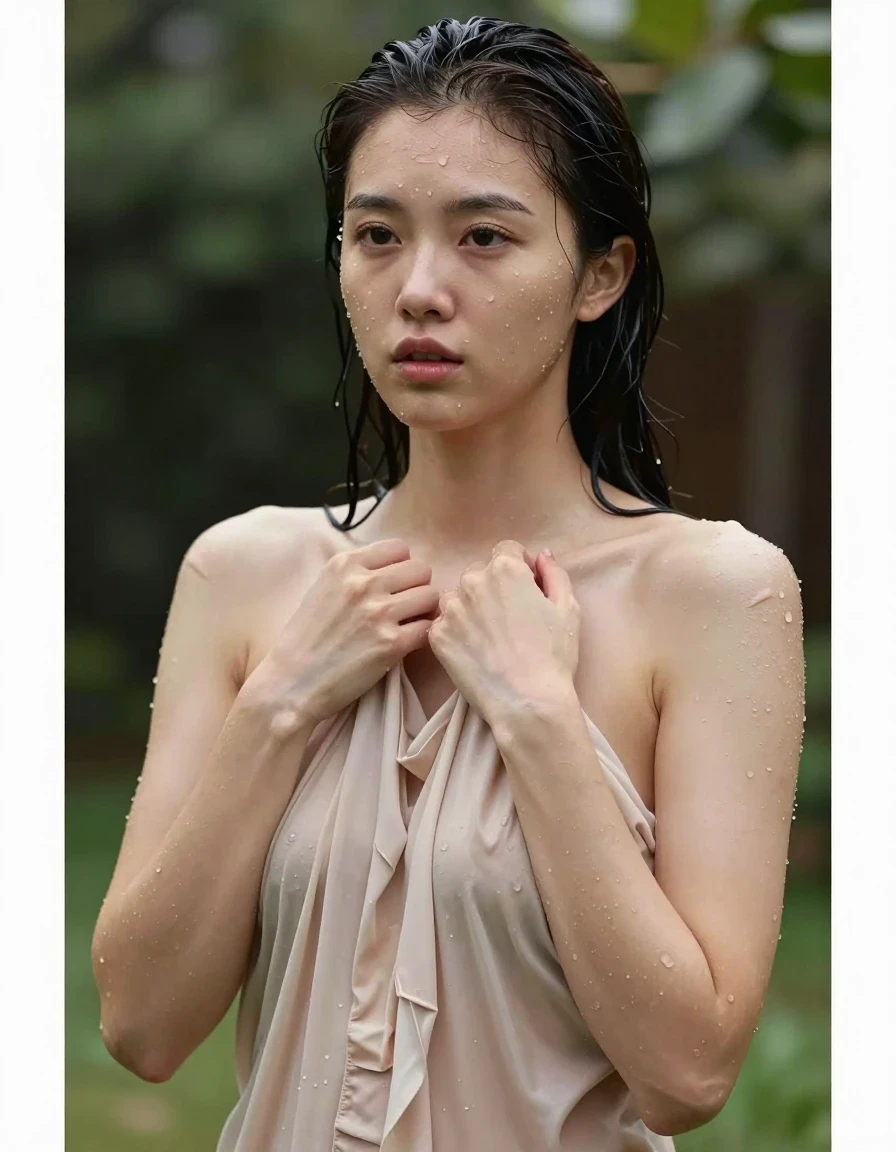 photo of young woman, in soaking wet, drenched clothes,
bare, naked, topless, garden, 
enjoying, wet clothes stuck to body,
detailed textures of the wet clothes, wet face, wet plastered hair,
wet, drenched, professional, high-quality details, full body view.
sharp focus, ultra-high pixel detail, realistic, high-quality, full colors, incredibly detailed, 4k, 8k, 16k, hyper-realistic, RAW photo, masterpiece, ultra-detailed, professionally color graded, professional photograph, wet skin, wet clothes, damp fabric