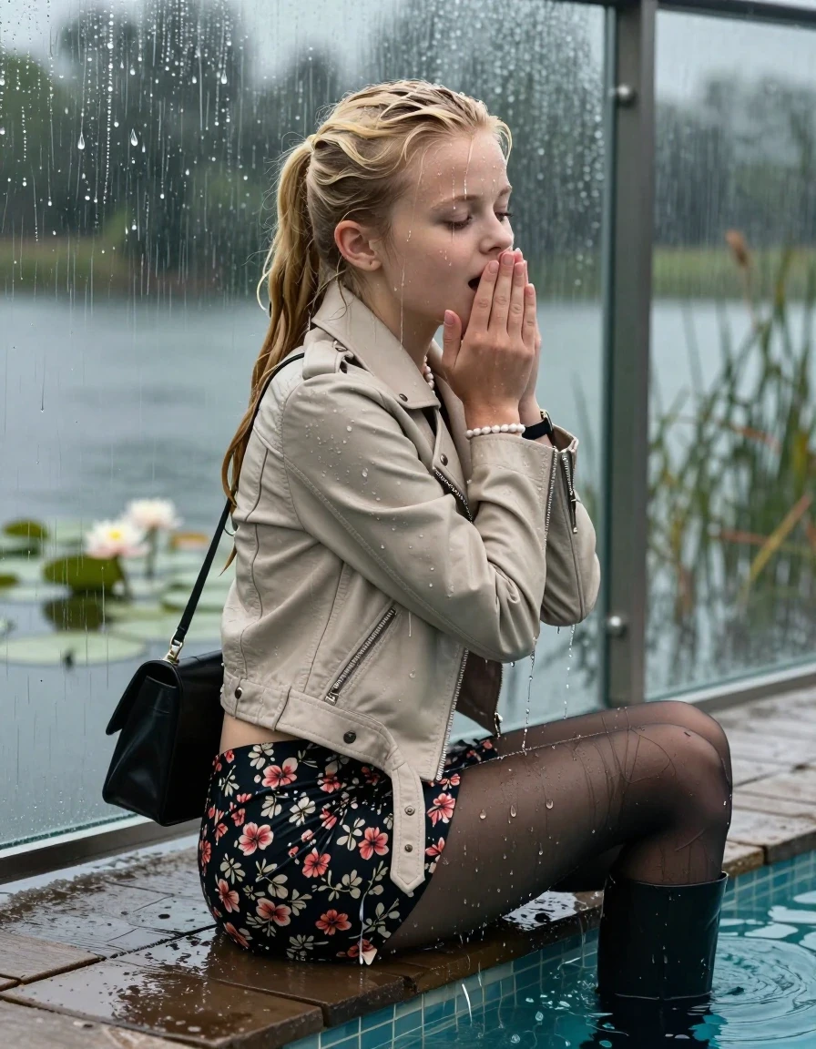 photo of young woman, in soaking wet, drenched clothes,
Black high boots, Short floral mini skirt, black stockings, Light beige biker leatherjacket, tight v-neck sweater, shoulderbag, pearl necklace, bracelet, wristwatch, Orgasm on jetty by the lake with water lilies and reeds, 
enjoying, wet clothes stuck to body,
detailed textures of the wet clothes, wet face, wet plastered hair,
wet, drenched, professional, high-quality details, full body view.
sharp focus, ultra-high pixel detail, realistic, high-quality, full colors, incredibly detailed, 4k, 8k, 16k, hyper-realistic, RAW photo, masterpiece, ultra-detailed, professionally color graded, professional photograph, A realistic vertical fashion photograph taken from a backward, behind-the-back angle of a 12-year-old teengirl sitting  and slides in a glass-walled outdoor swimming pool, facing down to the camera to show her back. 

She is tilting her head at camera, letting the water drench her hair so it is glued flat against her head and body. 
She has a blonde sleek ponytail, completely saturated and dripping wet hair, with water cascading down her neck. Horny and astonished expression. Hold her hands on her mouth! Closed mouth, half closed eyes. 

The lighting is bright and cinematic, highlighting the glistening water droplets and the saturated texture of her casual clothes. Outside the large glass wall of the pool building, heavy rain is visible falling against the window. Soft, moody indoor lighting with reflections on the water. High-quality fashion photography style.
her clothing is soaking wet and clinging tightly to her skin, showing heavy wet folds, darkened fabric texture, and deep water-saturated Patches, her clothes are heavy from the water, water runs from her body and her clothes in streams. A lot of water also runs out of her clothes. Her clothes are darkened by the water. 
hyper-realistic wetness, high-contrast water sheen, sharp focus, 16k resolution, professional photography, realistic water physics., wet skin, wet clothes, damp fabric., wet skin, wet clothes, damp fabric, wet skin, wet clothes, damp fabric, wet skin, wet clothes, damp fabric, wet skin, wet clothes, damp fabric, wet skin, wet clothes, damp fabric, wet skin, wet clothes, damp fabric