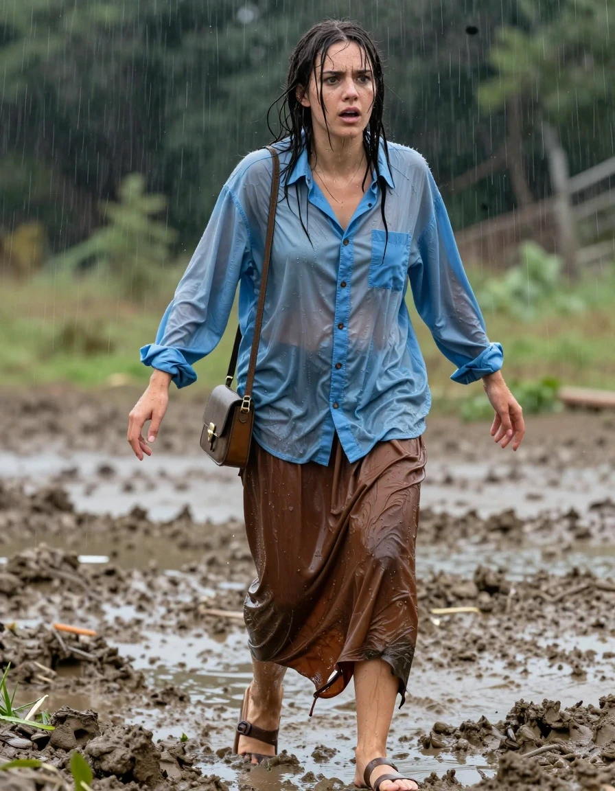 photo of young woman, in soaking wet, drenched clothes,
sandals, oversized brown maxi skirt, small handbag, oversized light blue buttoned down long sleeved shirt, mud pit during rain, 
enjoying, wet clothes stuck to body,
detailed textures of the wet clothes, wet face, wet plastered hair,
wet, drenched, professional, high-quality details, full body view.
sharp focus, ultra-high pixel detail, realistic, high-quality, full colors, incredibly detailed, 4k, 8k, 16k, hyper-realistic, RAW photo, masterpiece, ultra-detailed, professionally color graded, professional photograph, tries to escape, scared, exhausted, wet skin, wet clothes, damp fabric