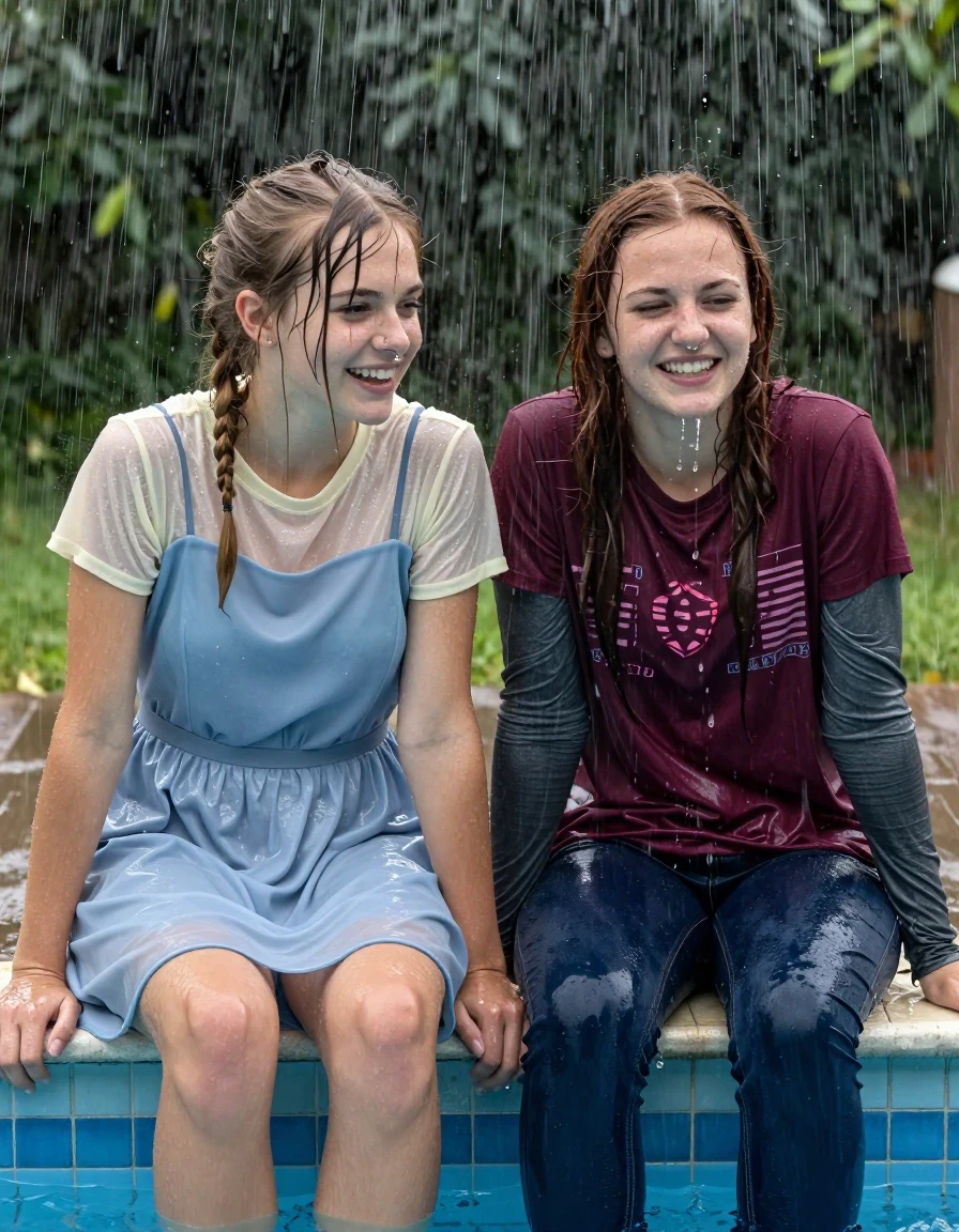 photo of young woman, in soaking wet, drenched clothes,
, , casual wear, 2 girls sitting on the edge of the pool while it pours water on them during a heavy storm, 
enjoying, wet clothes stuck to body,
detailed textures of the wet clothes, wet face, wet plastered hair,
wet, drenched, professional, high-quality details, full body view.
sharp focus, ultra-high pixel detail, realistic, high-quality, full colors, incredibly detailed, 4k, 8k, 16k, hyper-realistic, RAW photo, masterpiece, ultra-detailed, professionally color graded, professional photograph, 2 small college girls both having fun together. both similar age, a nineteen year old girl, a She has a wide square young face a very small chest, she is a pale brunette with a ponytail and bangs and a septum piercing, She is full of youthful energy, she is wearing a cream short sleeve see through sparkly undershirt underneath her formal thick pale blue dress with a highish neckline, her dress has a flat front with a wider base.  Her friend has dark auburn hair, she is wearing dark blue colored soaked loose jeans and a small maroon short sleeve graphic fiited t-shirt over a long sleeve dark grey undershirt. her clothes darken from the water. She has a wide square face,, wet skin, wet clothes, damp fabric, wet skin, wet clothes, damp fabric, wet skin, wet clothes, damp fabric, wet skin, wet clothes, damp fabric, wet skin, wet clothes, damp fabric, wet skin, wet clothes, damp fabric