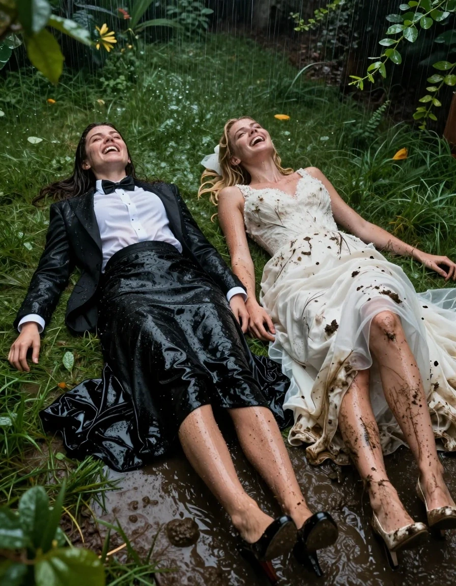 A hyper-realistic, wide-angle cinematic shot of two young adult European women lying in a rain-drenched garden on muddy, saturated grass. The first woman, a brunette, is dressed in a crisp white shirt, a black bowtie, and a tuxedo jacket, paired with a floor-length black silk skirt that is clinging to her legs and heavily soaked by the downpour, showing deep black tones, heavy wet folds, and a high-gloss sheen. The second woman, a blonde, wears a conservative white wedding dress that is water-saturated, clinging to her form, and covered in dark mud streaks, with the fabric becoming translucent and heavy with rain. Both women are wearing high-heeled shoes, caked in mud. They are captured in the midst of an intense, ecstatic orgasm, with expressions of rapture, wet hair plastered to their faces, and glistening, rain-slicked skin. The environment is a dark, moody garden during a heavy rainstorm, with water droplets splashing off leaves and pooling in the mud. The lighting is low and atmospheric, highlighting the specular reflections on their wet garments and skin, with deep contrast and sharp photographic detail.