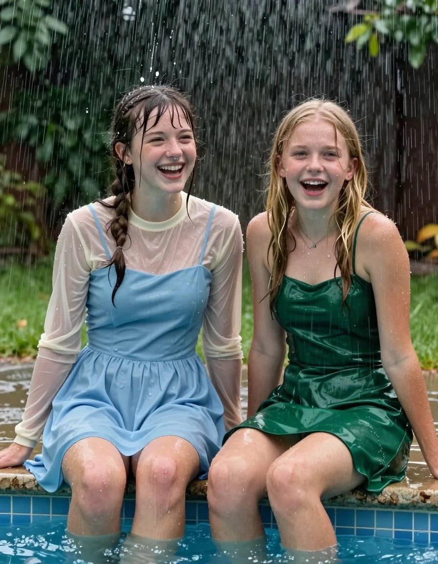 photo of young woman, in soaking wet, drenched clothes,
, , casual wear, 2 girls sitting on the edge of the pool while it pours water on them during a heavy storm, 
enjoying, wet clothes stuck to body,
detailed textures of the wet clothes, wet face, wet plastered hair,
wet, drenched, professional, high-quality details, full body view.
sharp focus, ultra-high pixel detail, realistic, high-quality, full colors, incredibly detailed, 4k, 8k, 16k, hyper-realistic, RAW photo, masterpiece, ultra-detailed, professionally color graded, professional photograph, 2 small college girls both having fun together. both similar age, a nineteen year old girl, she is small, young, petite, with a flat and slim body, a She has a wide square young face a very small chest, she is a pale brunette with a ponytail and bangs and a septum piercing, She is full of youthful energy, she is wearing a cream long sleeve see through sparkly undershirt underneath her formal thick pale blue dress with a highish neckline, her dress has a flat front with a wider base. her friend is slightly shorter, she has blonde hair, she is wearing dark green flat strapless satin dress. her clothes darken from the water. She has a wide square face,, wet skin, wet clothes, damp fabric, wet skin, wet clothes, damp fabric, wet skin, wet clothes, damp fabric, wet skin, wet clothes, damp fabric