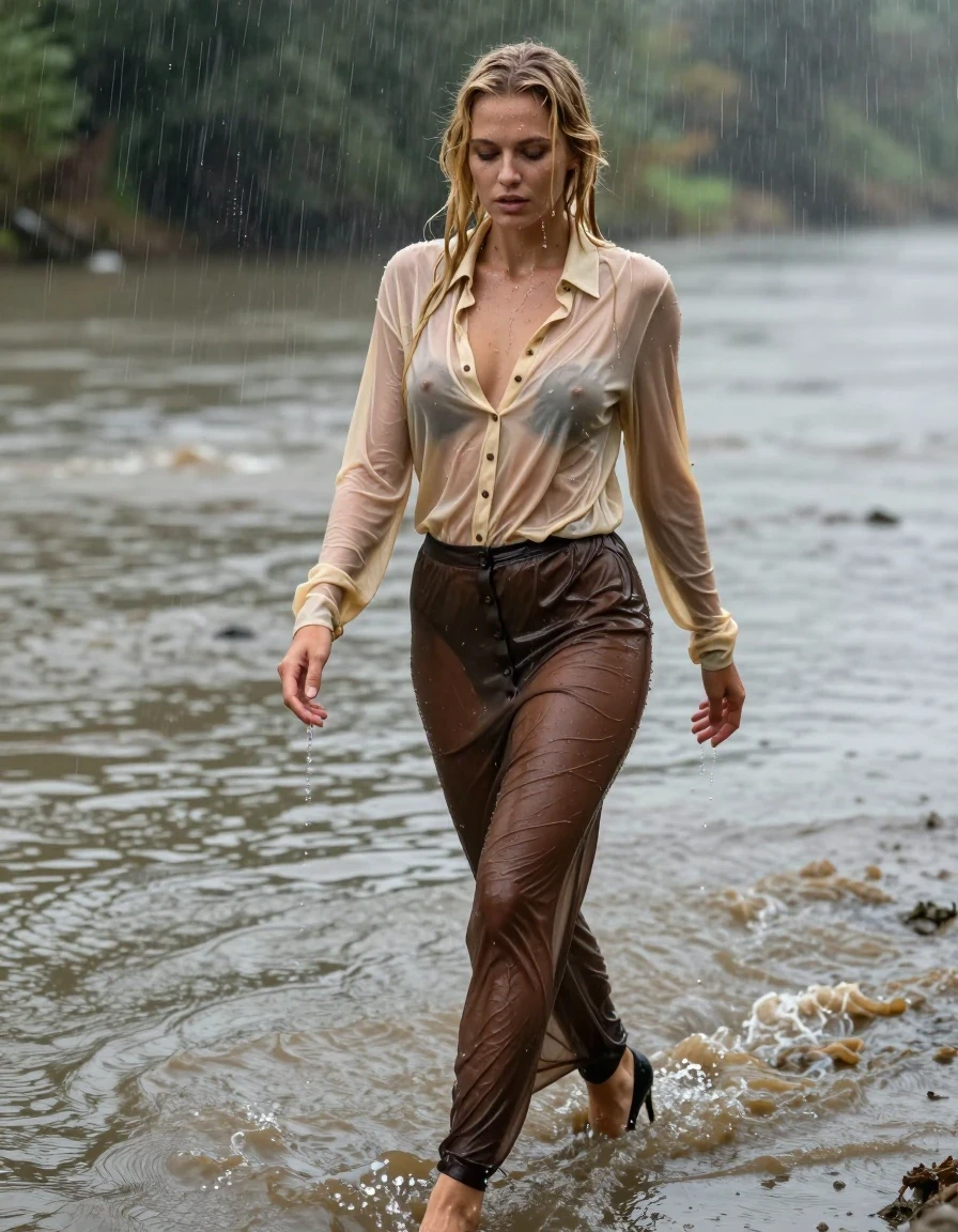 photo of young woman, in soaking wet, drenched clothes,
pumps, high-heels, transparent skinny oversized dark brown long skirt shiny floor-length full buttoned, no underwear, light golden oversized gown, buttoned-up, transparent, see-through, kein BH, muddy river, deep water, 
enjoying, wet clothes stuck to body,
detailed textures of the wet clothes, wet face, wet plastered hair,
wet, drenched, professional, high-quality details, full body view.
sharp focus, ultra-high pixel detail, realistic, high-quality, full colors, incredibly detailed, 4k, 8k, 16k, hyper-realistic, RAW photo, masterpiece, ultra-detailed, professionally color graded, professional photograph, heavy rain, emerging the water, walking in mud, blond hair, shower, collar, long sleeves, buttoned, wet hair, long hair, soaking wet blouse,  full body view,  view from side, drenched clothes, shower, wet skin, wet clothes, soaking wet fabric, pouring water on head,
kein BH, sichtbare Brüste, Blick zur Kamera, wet skin, wet clothes, damp fabric, wet skin, wet clothes, damp fabric