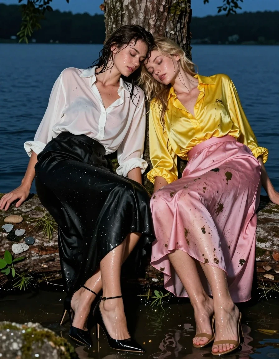 photo of young woman, in soaking wet, drenched clothes,
1st woman: heels, 2nd woman: sandals, first brunette woman: floor-length black silk skirt. 2nd floor-length pink silk skirt, first brunette woman: oversized long-sleeved white blouse, 2nd blonde woman: oversized yellow satin blouse, at a lake at night, 
enjoying, wet clothes stuck to body,
detailed textures of the wet clothes, wet face, wet plastered hair,
wet, drenched, professional, high-quality details, full body view.
sharp focus, ultra-high pixel detail, realistic, high-quality, full colors, incredibly detailed, 4k, 8k, 16k, hyper-realistic, RAW photo, masterpiece, ultra-detailed, professionally color graded, professional photograph, sleeping under a tree after a long swim, clothes dirty and muddy, wet skin, wet clothes, damp fabric