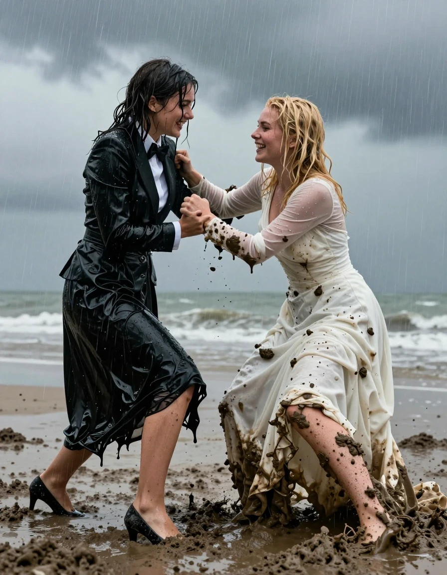 A hyper-realistic, wide-angle cinematic shot of two young adult European women caught in a downpour on a dark, stormy beach. The first woman, a brunette with wet, matted hair, wears a crisp tuxedo jacket, white shirt, and black bowtie paired with a floor-length black silk skirt, now heavy, clinging, and translucent from the rain. The second woman, a blonde with rain-slicked hair, wears a conservative, long-sleeved white wedding dress that is soaked through, heavy with water, and stained with dark, thick mud. Both women are captured in the midst of a clumsy, chaotic mud-wrestling match, struggling on their knees and bellies in the deep, slick sludge. Their skin is glistening with rain and mud, and their garments are saturated with water, showing deep color shifts and heavy, clinging folds. The brunette wears high-heeled shoes, now half-buried in the mud. The atmosphere is gloomy and overcast, with heavy rain falling, soft gray daylight filtering through storm clouds, and strong specular highlights on their wet skin and the muddy ground. High-detail textures, 8k resolution, photorealistic, intense motion, visceral mud-caked details.