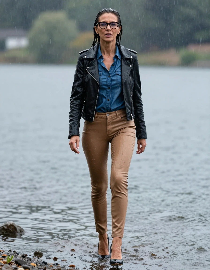 photo of young woman, in soaking wet, drenched clothes,
high-heeled shoes, long light brown shiny tight jeans, shiny dark blue denim shirt, black leathr byker jacket, in the sunny lake under hard rain, 
enjoying, wet clothes stuck to body,
detailed textures of the wet clothes, wet face, wet plastered hair,
wet, drenched, professional, high-quality details, full body view.
sharp focus, ultra-high pixel detail, realistic, high-quality, full colors, incredibly detailed, 4k, 8k, 16k, hyper-realistic, RAW photo, masterpiece, ultra-detailed, professionally color graded, professional photograph, europen brunette skinny woman 50 years old, long dark black hair, office glasses, very big and thick lips, complete body, wet skin, wet clothes, damp fabric, wet skin, wet clothes, damp fabric, wet skin, wet clothes, damp fabric, wet skin, wet clothes, damp fabric, wet skin, wet clothes, damp fabric, wet skin, wet clothes, damp fabric, wet skin, wet clothes, damp fabric