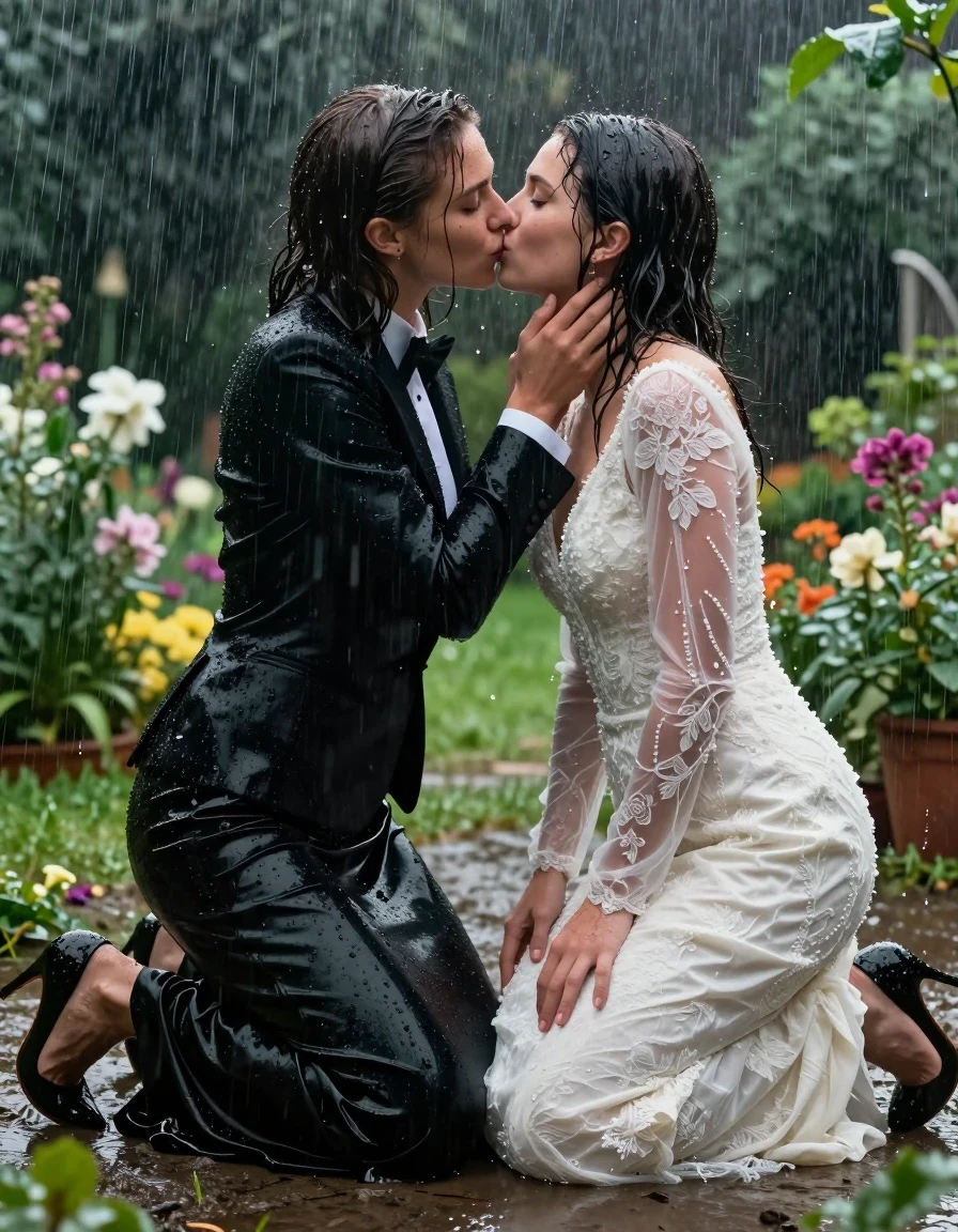A photorealistic cinematic shot of two young adult European women kneeling in a lush garden during a heavy rainstorm, deeply engaged in a romantic kiss. The first woman is wearing a sharp, tailored black tuxedo jacket over a crisp white shirt with a black bowtie, paired with a floor-length black silk skirt, the fabric heavily soaked, clinging to her skin, darkened by water, and exhibiting a high-gloss wet sheen with deep folds. The second woman is wearing a conservative, intricate white wedding dress, now translucent, heavy, and saturated with rainwater, clinging to her form with visible texture and water-darkened lace patterns. Both women are wearing elegant high-heeled shoes, slick with mud and water. The garden environment is drenched, with rain streaking the air, water droplets glistening on leaves and petals, and the ground turned into soft, dark earth. The lighting is moody and overcast, highlighting the specular reflections on the wet skin, hair, and clothing of both women. High-resolution photography, 8k, sharp focus on the subjects, wet-look aesthetic, visceral textures, hyper-realistic water interaction.