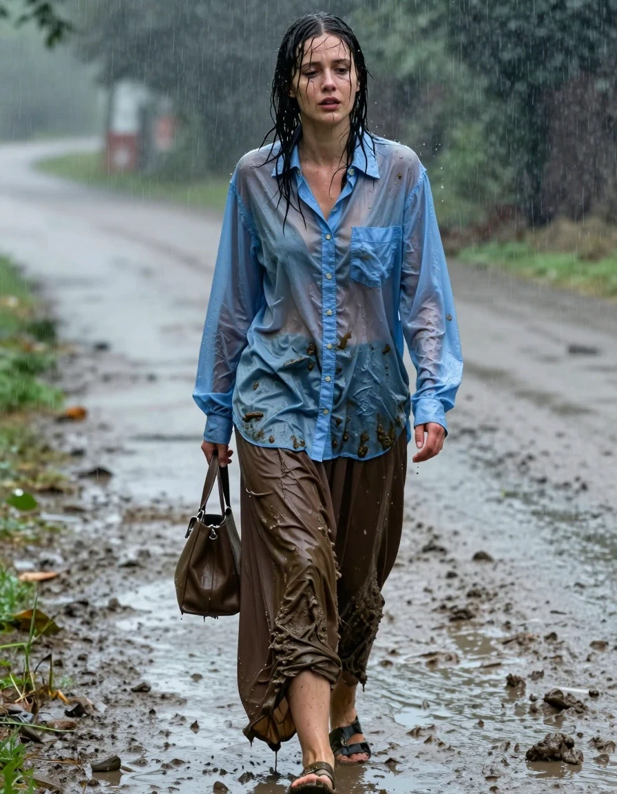 A photorealistic medium shot of an exhausted young adult European woman walking along a muddy road during a heavy rainstorm. Her skin is glistening with rainwater, hair plastered to her face, and she is visibly weary, barely putting one foot in front of the other. She is wearing an oversized light blue buttoned-down long-sleeved shirt that is completely soaked through, clinging to her frame with dark, heavy, water-saturated patches and deep, realistic folds. She carries a small handbag clutched in one hand. Below, she wears an oversized brown maxi skirt, the fabric heavy and drenched, dragging slightly through the thick mud. On her feet are simple sandals, caked in mud and slick with water. The atmosphere is gloomy and damp, with rain falling heavily around her. The lighting is diffused and moody, highlighting the wet sheen on her skin and the deep, saturated textures of her rain-heavy clothing. High-resolution, cinematic photography, sharp focus on the textures of the mud and wet fabric.