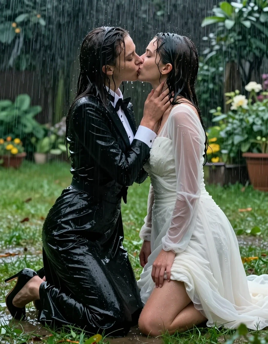 A photorealistic, cinematic shot of two young adult European women kneeling on damp grass in a lush garden during a heavy rainstorm, deeply kissing each other. The first woman wears a crisp white shirt, a black bowtie, a sharp tuxedo jacket, and a floor-length black silk skirt that is soaked and clinging to her legs, showing deep saturation and heavy, wet folds. The second woman wears a conservative white wedding dress, fully saturated and heavy with rainwater, with the fabric translucent and clinging to her form, showing wet texture and dark patches where the water has pooled. Both women are wearing high heels that are partially sunken into the soft, muddy earth. Their skin and hair are drenched, with droplets running down their faces and hair matted against their shoulders. The garden environment is vibrant but dark, with rain streaks visible through the air and glistening water sheen on every surface. Soft, moody, overcast lighting, shallow depth of field focusing on the couple, captured with a 50mm lens, sharp details on the wet fabric textures, high contrast, cinematic atmosphere.
