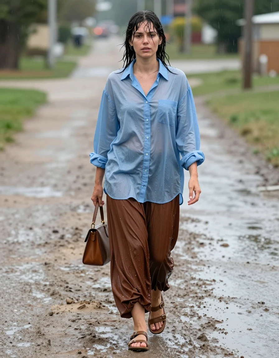 photo of young woman, in soaking wet, drenched clothes,
sandals, oversized brown maxi skirt, small handbag, oversized light blue buttoned down long sleeved shirt, muddy road during rain, 
enjoying, wet clothes stuck to body,
detailed textures of the wet clothes, wet face, wet plastered hair,
wet, drenched, professional, high-quality details, full body view.
sharp focus, ultra-high pixel detail, realistic, high-quality, full colors, incredibly detailed, 4k, 8k, 16k, hyper-realistic, RAW photo, masterpiece, ultra-detailed, professionally color graded, professional photograph, exhausted from a long walk, barely walking, wet skin, wet clothes, damp fabric