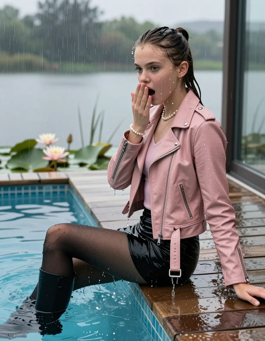 photo of young woman, in soaking wet, drenched clothes,
Black high boots, Short black mini skirt, black stockings, Light pink biker leatherjacket, tight v-neck sweater, shoulderbag, pearl necklace, bracelet, wristwatch, jetty by the lake with water lilies and reeds, 
enjoying, wet clothes stuck to body,
detailed textures of the wet clothes, wet face, wet plastered hair,
wet, drenched, professional, high-quality details, full body view.
sharp focus, ultra-high pixel detail, realistic, high-quality, full colors, incredibly detailed, 4k, 8k, 16k, hyper-realistic, RAW photo, masterpiece, ultra-detailed, professionally color graded, professional photograph, A realistic vertical fashion photograph taken from a backward, behind-the-back angle of a 12-year-old teengirl sitting  and slides in a glass-walled outdoor swimming pool, facing down to the camera to show her back. 

She is tilting her head at camera, letting the water drench her hair so it is glued flat against her head and body. 
She has a sleek ponytail, completely saturated and dripping wet hair, with water cascading down her neck. Shocked and astonished expression. Hold her hands in over her mouth. Closed mouth, big eyes. 

The lighting is bright and cinematic, highlighting the glistening water droplets and the saturated texture of her casual clothes. Outside the large glass wall of the pool building, heavy rain is visible falling against the window. Soft, moody indoor lighting with reflections on the water. High-quality fashion photography style.
her clothing is soaking wet and clinging tightly to her skin, showing heavy wet folds, darkened fabric texture, and deep water-saturated Patches, her clothes are heavy from the water, water runs from her body and her clothes in streams. A lot of water also runs out of her clothes. Her clothes are darkened by the water. 
hyper-realistic wetness, high-contrast water sheen, sharp focus, 16k resolution, professional photography, realistic water physics., wet skin, wet clothes, damp fabric., wet skin, wet clothes, damp fabric, wet skin, wet clothes, damp fabric, wet skin, wet clothes, damp fabric, wet skin, wet clothes, damp fabric, wet skin, wet clothes, damp fabric