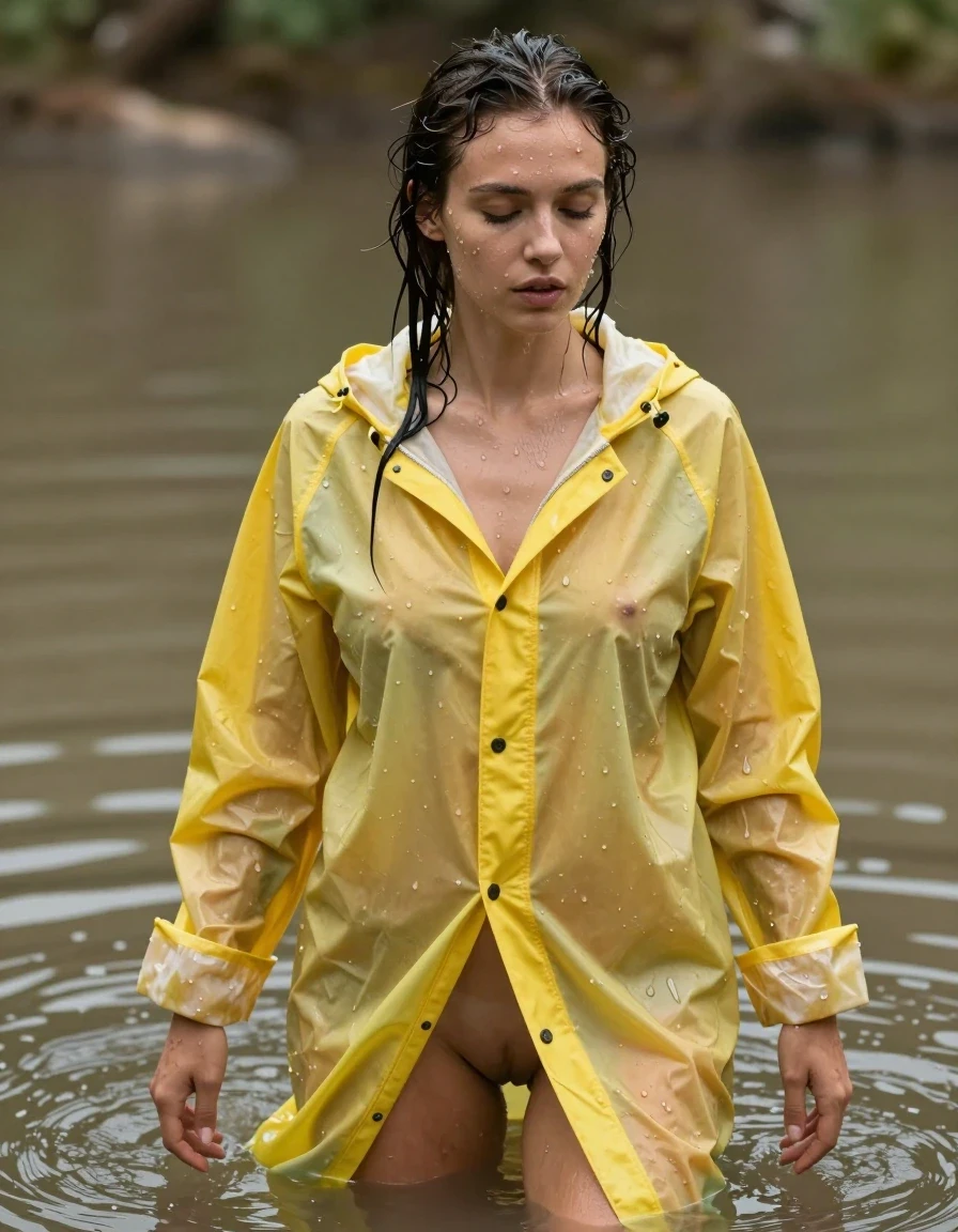 photo of young woman, in soaking wet, drenched clothes,
No shoes, , Yellow long  soaking wet partially see through latex raincoat. No clothes underneath the rainjacket , In the mud full of water. she's  soaking wet in baby oils . Her clothes cling to her soaking wet nude form under her clothes.  , 
enjoying, wet clothes stuck to body,
detailed textures of the wet clothes, wet face, wet plastered hair,
wet, drenched, professional, high-quality details, full body view.
sharp focus, ultra-high pixel detail, realistic, high-quality, full colors, incredibly detailed, 4k, 8k, 16k, hyper-realistic, RAW photo, masterpiece, ultra-detailed, professionally color graded, professional photograph, Her hair is soaking wet and slicked back and dripping with baby oils. Her clothes are soaking wet and clings to her form  . She's love's it. Her rainjacket is closed, wet skin, wet clothes, damp fabric