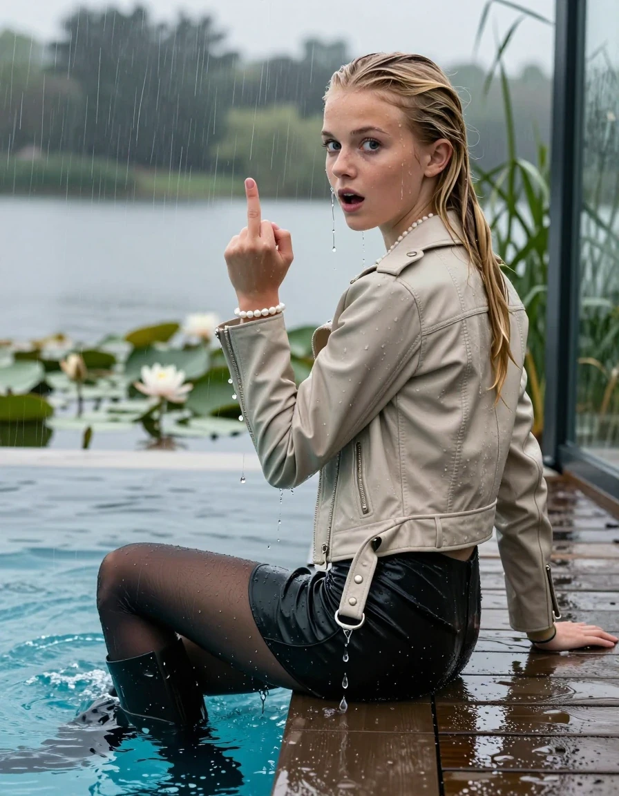 photo of young woman, in soaking wet, drenched clothes,
Black high boots,  mini skirt, black stockings, Light beige biker leatherjacket, tight v-neck sweater, shoulderbag, pearl necklace, bracelet, wristwatch, Orgasm on jetty by the lake with water lilies and reeds, 
enjoying, wet clothes stuck to body,
detailed textures of the wet clothes, wet face, wet plastered hair,
wet, drenched, professional, high-quality details, full body view.
sharp focus, ultra-high pixel detail, realistic, high-quality, full colors, incredibly detailed, 4k, 8k, 16k, hyper-realistic, RAW photo, masterpiece, ultra-detailed, professionally color graded, professional photograph, A realistic vertical fashion photograph taken from a backward, behind-the-back angle of a 12-year-old teengirl sitting  and slides in a glass-walled outdoor swimming pool, facing down to the camera to show her back. 

She is tilting her head at camera, letting the water drench her hair so it is glued flat against her head and body. 
She has a blonde sleek ponytail, completely saturated and dripping wet hair, with water cascading down her neck. Horny and astonished expression. Show her middle fingerClosed mouth, big eyes. 

The lighting is bright and cinematic, highlighting the glistening water droplets and the saturated texture of her casual clothes. Outside the large glass wall of the pool building, heavy rain is visible falling against the window. Soft, moody indoor lighting with reflections on the water. High-quality fashion photography style.
her clothing is soaking wet and clinging tightly to her skin, showing heavy wet folds, darkened fabric texture, and deep water-saturated Patches, her clothes are heavy from the water, water runs from her body and her clothes in streams. A lot of water also runs out of her clothes. Her clothes are darkened by the water. 
hyper-realistic wetness, high-contrast water sheen, sharp focus, 16k resolution, professional photography, realistic water physics., wet skin, wet clothes, damp fabric., wet skin, wet clothes, damp fabric, wet skin, wet clothes, damp fabric, wet skin, wet clothes, damp fabric, wet skin, wet clothes, damp fabric, wet skin, wet clothes, damp fabric, wet skin, wet clothes, damp fabric
