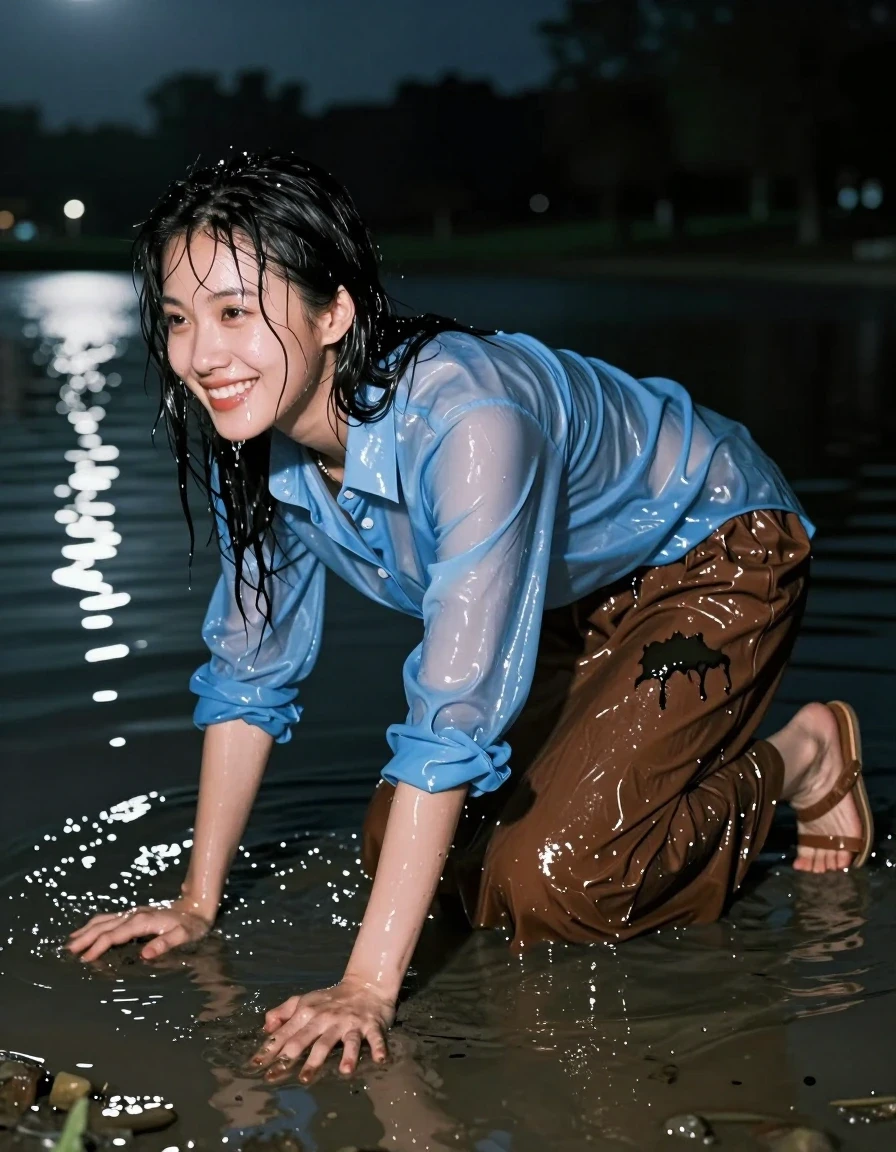 A photorealistic, wide-angle shot of a young adult European woman crawling out of a dark, still park lake at night. Her skin is glistening with wetness, hair matted and dripping, water beads and rivulets running down her face and limbs. She wears an oversized light blue buttoned-down long-sleeved shirt that is completely soaked through, turning a deep, translucent sky blue, clinging heavily to her frame with saturated fabric folds. Her oversized brown maxi skirt is water-logged, heavy, and dripping, with darker, unevenly soaked patches and a glossy sheen where the fabric meets the water. She is wearing simple sandals, with wet feet caked in mud and lake sediment. She has a joyful, happy expression on her face as she emerges, holding a brown handbag tightly as she crawls. The setting is an empty, desolate park at night, illuminated by soft, moody moonlight reflecting off the water's surface and the wet surfaces of her clothing. The scene captures high-contrast textures, realistic water saturation, deep shadows, and cinematic lighting, 8k resolution, highly detailed skin pores and fabric weave.