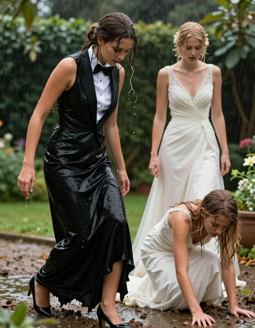 photo of young woman, in soaking wet, drenched clothes,
heels, first brunette woman: floor-length black silk skirt. 2nd blonde woman: conservative wedding dress, first brunette woman: tuxedo, white shirt, black bowtie 2nd blonde woman: conservative wedding dress, in a garden during rain, 
enjoying, wet clothes stuck to body,
detailed textures of the wet clothes, wet face, wet plastered hair,
wet, drenched, professional, high-quality details, full body view.
sharp focus, ultra-high pixel detail, realistic, high-quality, full colors, incredibly detailed, 4k, 8k, 16k, hyper-realistic, RAW photo, masterpiece, ultra-detailed, professionally color graded, professional photograph, stumbling clumsily in the mud, on their knees and bellies, wet skin, wet clothes, damp fabric
