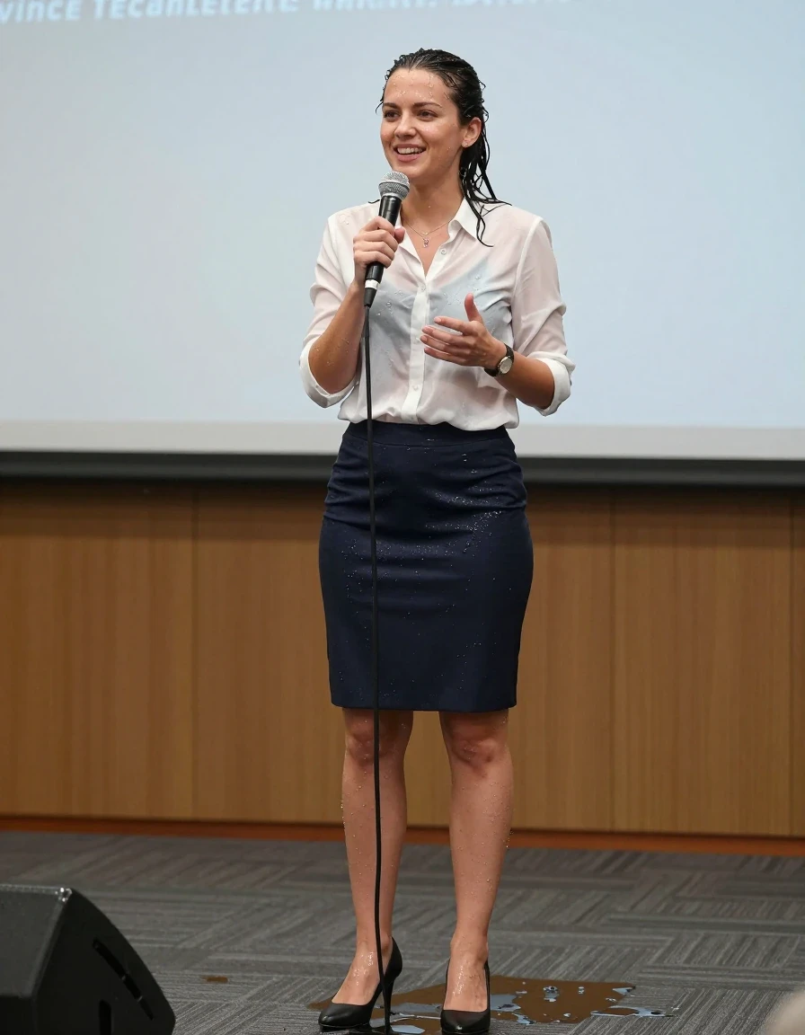 photo of young woman, in soaking wet, drenched clothes,
Shoes , Office skirt, Blouse, Speech in conference, 
enjoying, wet clothes stuck to body,
detailed textures of the wet clothes, wet face, wet plastered hair,
wet, drenched, professional, high-quality details, full body view.
sharp focus, ultra-high pixel detail, realistic, high-quality, full colors, incredibly detailed, 4k, 8k, 16k, hyper-realistic, RAW photo, masterpiece, ultra-detailed, professionally color graded, professional photograph, Smiling, wet skin, wet clothes, damp fabric