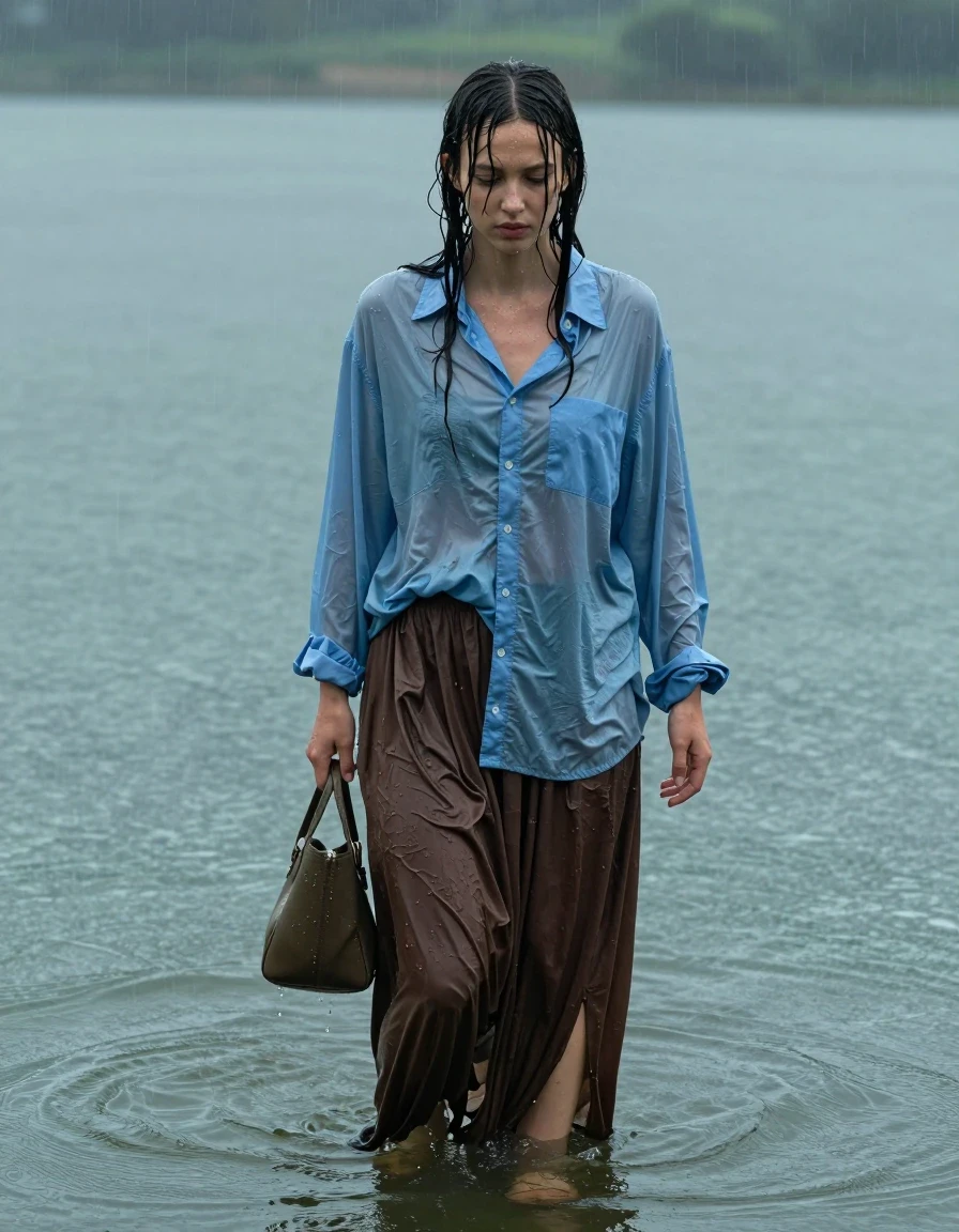 A young adult European woman wading waist-deep in a serene lake during a light rain shower, her skin glistening with water droplets and a natural sheen. She is wearing an oversized light blue buttoned-down long-sleeved shirt and an oversized brown maxi skirt, both garments completely soaked through, clinging heavily to her frame with visible damp fabric texture, darkened tones, and deep wet folds. She carries a small handbag held above the water line. Her hair is plastered to her face and shoulders by the rain, and her feet, visible beneath the clear water, are wearing sandals. The atmosphere is calm and melancholic, with soft, diffused overcast lighting reflecting off the rippling lake surface. Photorealistic, cinematic composition, 8k resolution, capturing the heavy, saturated weight of the wet clothing and the serene, damp environment.