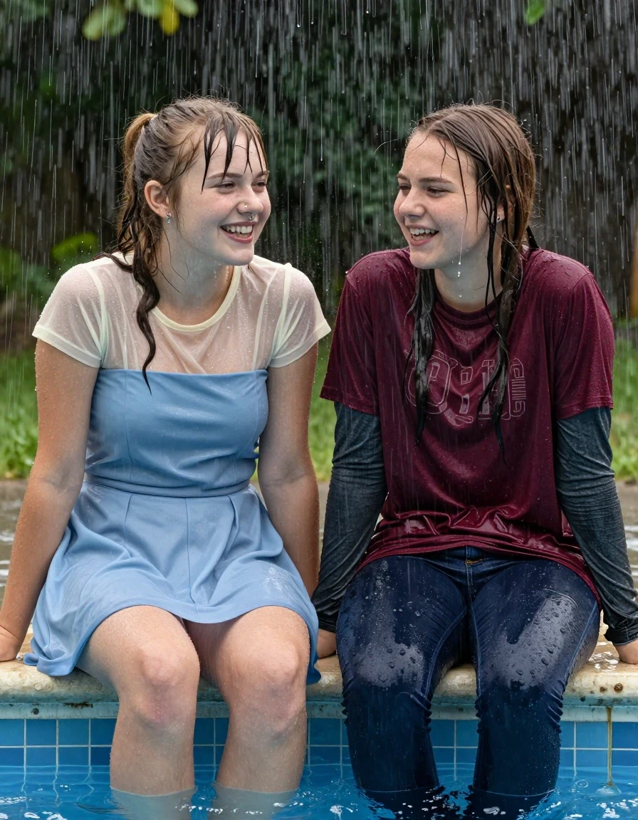 photo of young woman, in soaking wet, drenched clothes,
, , casual wear, 2 girls sitting on the edge of the pool while it pours water on them during a heavy storm, 
enjoying, wet clothes stuck to body,
detailed textures of the wet clothes, wet face, wet plastered hair,
wet, drenched, professional, high-quality details, full body view.
sharp focus, ultra-high pixel detail, realistic, high-quality, full colors, incredibly detailed, 4k, 8k, 16k, hyper-realistic, RAW photo, masterpiece, ultra-detailed, professionally color graded, professional photograph, 2 small college girls both having fun together. both similar age, a nineteen year old girl, a She has a wide square young face a very small chest, she is a pale brunette with a ponytail and bangs and a septum piercing, She is full of youthful energy, she is wearing a cream short sleeve see through sparkly undershirt underneath her formal thick pale blue strapless dress
 her dress has a flat front with a wider base.  Her friend has dark auburn hair, she is wearing dark blue colored soaked loose jeans and a small maroon short sleeve graphic fiited t-shirt over a long sleeve dark grey undershirt. her clothes darken from the water. She has a wide square face,, wet skin, wet clothes, damp fabric, wet skin, wet clothes, damp fabric, wet skin, wet clothes, damp fabric, wet skin, wet clothes, damp fabric, wet skin, wet clothes, damp fabric, wet skin, wet clothes, damp fabric