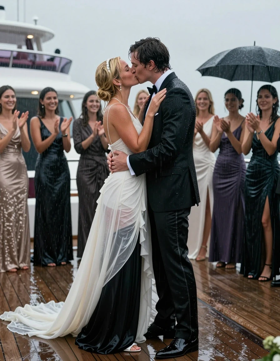 A cinematic, photorealistic wide shot of a lesbian wedding ceremony taking place on the deck of a luxury yacht during a heavy rainstorm. In the foreground, a brunette woman in a sharp black tuxedo with a crisp white shirt and black bowtie is kissing a blonde woman wearing a conservative, elegant wedding dress. Both women are drenched, with hair slicked back by rain, skin glistening with water, and clothes clinging to their bodies; the black silk skirt of the brunette woman is heavy with moisture, clinging to her legs and heels, while the wedding dress is translucent and soaked through. In the background, a crowd of women in sodden, heavy ballgowns are applauding, their dresses dark and weighed down by water. The scene is illuminated by the soft, ambient light of the yacht's deck lights reflecting off the rain-slicked surfaces and puddles. The atmosphere is romantic and intense, with visible raindrops, mist, and water runoff. High-resolution photography, sharp focus, 8k, detailed textures of wet fabric and skin, professional color grading.