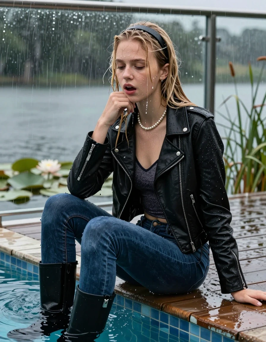 photo of young woman, in soaking wet, drenched clothes,
Black high boots, Dark blue levis skinny jeans, Black biker leatherjacket, Open jacket, tight v-neck sweater, shoulderbag, pearl necklace, bracelet, wristwatch, Orgasm in jetty by the lake with water lilies and reeds, 
enjoying, wet clothes stuck to body,
detailed textures of the wet clothes, wet face, wet plastered hair,
wet, drenched, professional, high-quality details, full body view.
sharp focus, ultra-high pixel detail, realistic, high-quality, full colors, incredibly detailed, 4k, 8k, 16k, hyper-realistic, RAW photo, masterpiece, ultra-detailed, professionally color graded, professional photograph, A realistic vertical fashion photograph taken from a backward, behind-the-back angle of a 12-year-old teenage girl sitting  in a glass-walled outdoor swimming pool, facing down to the camera to show her back. She is tilting her head at camera, letting the water drench her hair so it is glued flat against her head and body. She has blonde long sleek hair with birkin bangs and hairband, completely saturated and dripping wet hair, with water cascading down her face and neck. Afraid and astonished Expression. Hold her hands on her chin. Closed mouth, closed eyes. The lighting is bright and cinematic, highlighting the glistening water droplets on her skin and the saturated texture of her  casual clothes. Outside the large glass wall of the pool building, heavy rain is visible falling against the window. Soft, moody indoor lighting with reflections on the water. High-quality fashion photography style.
her clothing is soaking wet and clinging tightly to her skin, showing heavy wet folds, darkened fabric texture, and deep water-saturated Patches, her clothes are heavy from the water, water runs from her body and her clothes in streams. A lot of water also runs out of her clothes. Her clothes are darkened by the water. 
hyper-realistic wetness, high-contrast water sheen, sharp focus, 16k resolution, professional photography, realistic water physics., wet skin, wet clothes, damp fabric, wet skin, wet clothes, damp fabric, wet skin, wet clothes, damp fabric, wet skin, wet clothes, damp fabric, wet skin, wet clothes, damp fabric, wet skin, wet clothes, damp fabric, wet skin, wet clothes, damp fabric, wet skin, wet clothes, damp fabric, wet skin, wet clothes, damp fabric, wet skin, wet clothes, damp fabric, wet skin, wet clothes, damp fabric, wet skin, wet clothes, damp fabric, wet skin, wet clothes, damp fabric, wet skin, wet clothes, damp fabric, wet skin, wet clothes, damp fabric, wet skin, wet clothes, damp fabric, wet skin, wet clothes, damp fabric, wet skin, wet clothes, damp fabric, wet skin, wet clothes, damp fabric, wet skin, wet clothes, damp fabric, wet skin, wet clothes, damp fabric, wet skin, wet clothes, damp fabric, wet skin, wet clothes, damp fabric, wet skin, wet clothes, damp fabric