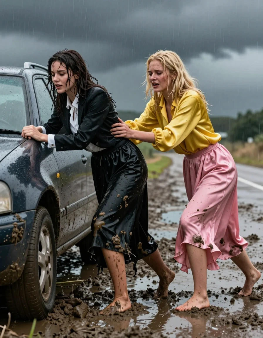 A hyper-realistic, wide-angle cinematic shot of two young adult European women, one brunette and one blonde, struggling to push a stuck car out of deep, thick mud on a desolate, rain-slicked road. The brunette woman is wearing a black tuxedo jacket over a long-sleeved white blouse with a necktie and a floor-length black silk skirt, while the blonde woman wears an oversized yellow satin blouse and a floor-length pink silk skirt. Both women are barefoot in the thick mud, their skin glistening with water, hair plastered to their faces, and bodies showing signs of physical exhaustion and strain. Their clothing is heavily soaked, with the silk fabrics clinging to their frames, darkened by water, and heavy with mud stains and distressed textures. The environment is dark and stormy, with dramatic lighting reflecting off the muddy road and the wet, clinging garments. Captured with a high-shutter-speed camera, 8k resolution, photorealistic skin textures, visible water droplets, saturated fabric folds, and intense atmospheric depth.