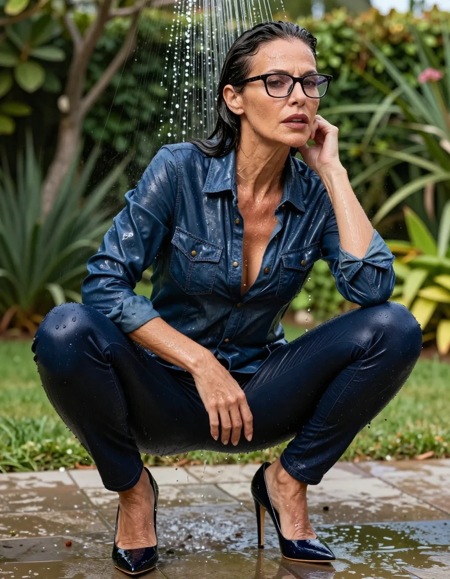 photo of young woman, in soaking wet, drenched clothes,
high-heeled shoes, long dark blue shiny jeans, shiny dark blue denim shirt, shower after bath in the sunny garden, 
enjoying, wet clothes stuck to body,
detailed textures of the wet clothes, wet face, wet plastered hair,
wet, drenched, professional, high-quality details, full body view.
sharp focus, ultra-high pixel detail, realistic, high-quality, full colors, incredibly detailed, 4k, 8k, 16k, hyper-realistic, RAW photo, masterpiece, ultra-detailed, professionally color graded, professional photograph, europen brunette skinny woman 50 years old, long dark black hair, office glasses, very big and thick lips, complete body, wet skin, wet clothes, damp fabric, wet skin, wet clothes, damp fabric, wet skin, wet clothes, damp fabric, wet skin, wet clothes, damp fabric, wet skin, wet clothes, damp fabric, wet skin, wet clothes, damp fabric, wet skin, wet clothes, damp fabric