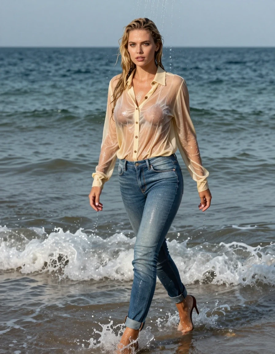 photo of young woman, in soaking wet, drenched clothes,
pumps, high-heels, transparent skinny oversized blue jeans shiny floor-length full buttoned, no underwear, light golden oversized gown, buttoned-up, transparent, see-through, kein BH, beach, deep water, 
enjoying, wet clothes stuck to body,
detailed textures of the wet clothes, wet face, wet plastered hair,
wet, drenched, professional, high-quality details, full body view.
sharp focus, ultra-high pixel detail, realistic, high-quality, full colors, incredibly detailed, 4k, 8k, 16k, hyper-realistic, RAW photo, masterpiece, ultra-detailed, professionally color graded, professional photograph, emerging the water, walk in waves, blond hair, shower, collar, long sleeves, buttoned, wet hair, long hair, soaking wet blouse,  full body view,  view from side, drenched clothes, shower, wet skin, wet clothes, soaking wet fabric, pouring water on head,
kein BH, sichtbare Brüste, Blick zur Kamera, wet skin, wet clothes, damp fabric, wet skin, wet clothes, damp fabric