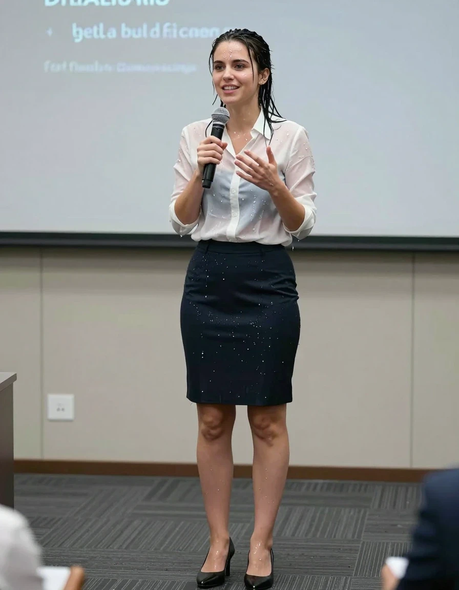 photo of young woman, in soaking wet, drenched clothes,
Shoes , Office skirt, Blouse, Speech in conference, 
enjoying, wet clothes stuck to body,
detailed textures of the wet clothes, wet face, wet plastered hair,
wet, drenched, professional, high-quality details, full body view.
sharp focus, ultra-high pixel detail, realistic, high-quality, full colors, incredibly detailed, 4k, 8k, 16k, hyper-realistic, RAW photo, masterpiece, ultra-detailed, professionally color graded, professional photograph, Smiling, wet skin, wet clothes, damp fabric